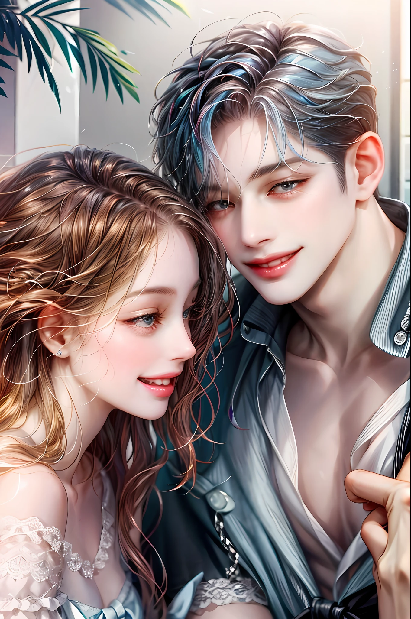 Two boys in love look sweet and happy together, and boys with different hair colors fall in love