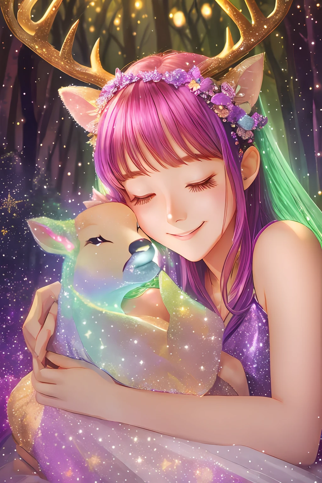 mysterious forest, glitter, bright, light, deer parent and child, sleeping, pretty girl, smile, get along, fun, sleep, halo, bright background, fairy, moonlight --auto --s2