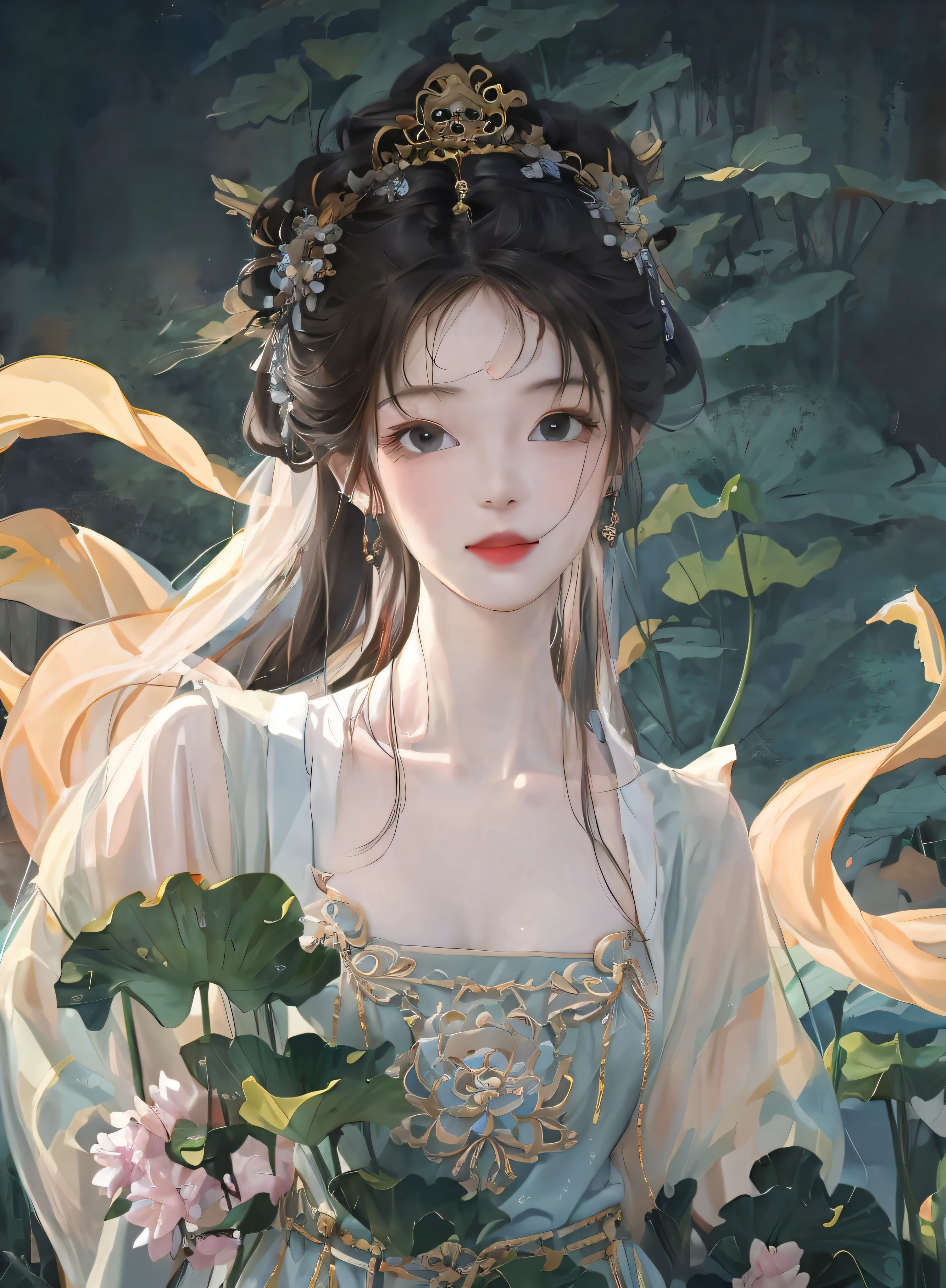 1girl, wearing Hanfu, lotus leaf, best quality, master, (full body: 1), highres, pretty face, hair accessories, (big breasts: 1) (solo: 1), looking at viewer, lips, dress, heal order , necklace, jewelry, (ridiculous long hair: 1.4), earrings, Hanfu, architecture, East Asian architecture, Hanfu, (fidelity: 1.5), super high resolution, best quality, blushing with shame, hair strands, behind arms, (expressive hair: 1.4) , perfect body proportions,