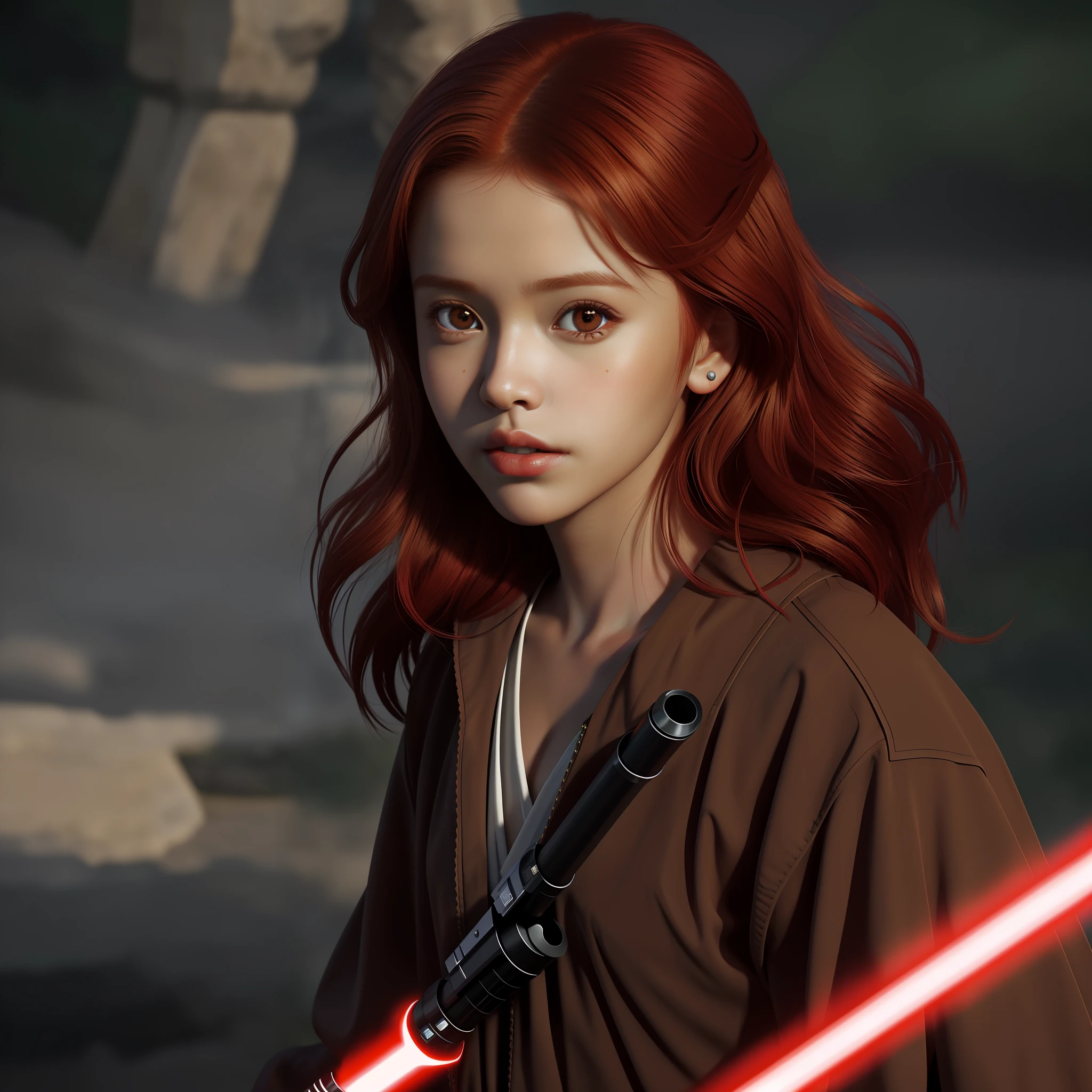 red hair,  girl, baby , brown eyes, light brown skin, Jedi, lightsaber, realistic, portrait, best quality, masterpiece