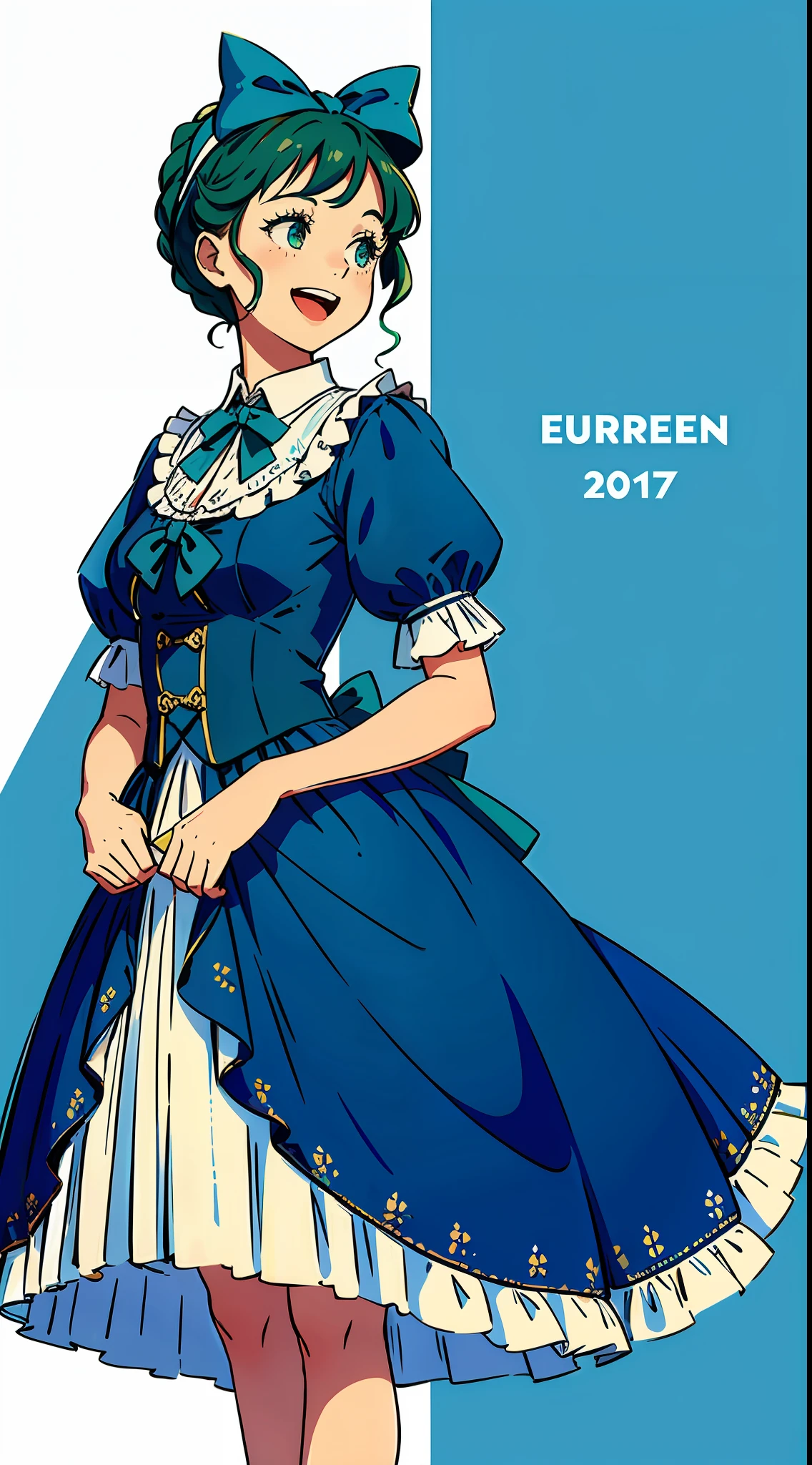 A girl, wearing a European and American retro princess dress, the skirt is blue-green matching, there is a bow on the chest, the skirt has lace, there are skirt supports, the front perspective, white background, the clothes are gorgeous, standing naturally, there is nothing in the hand, the girl is laughing