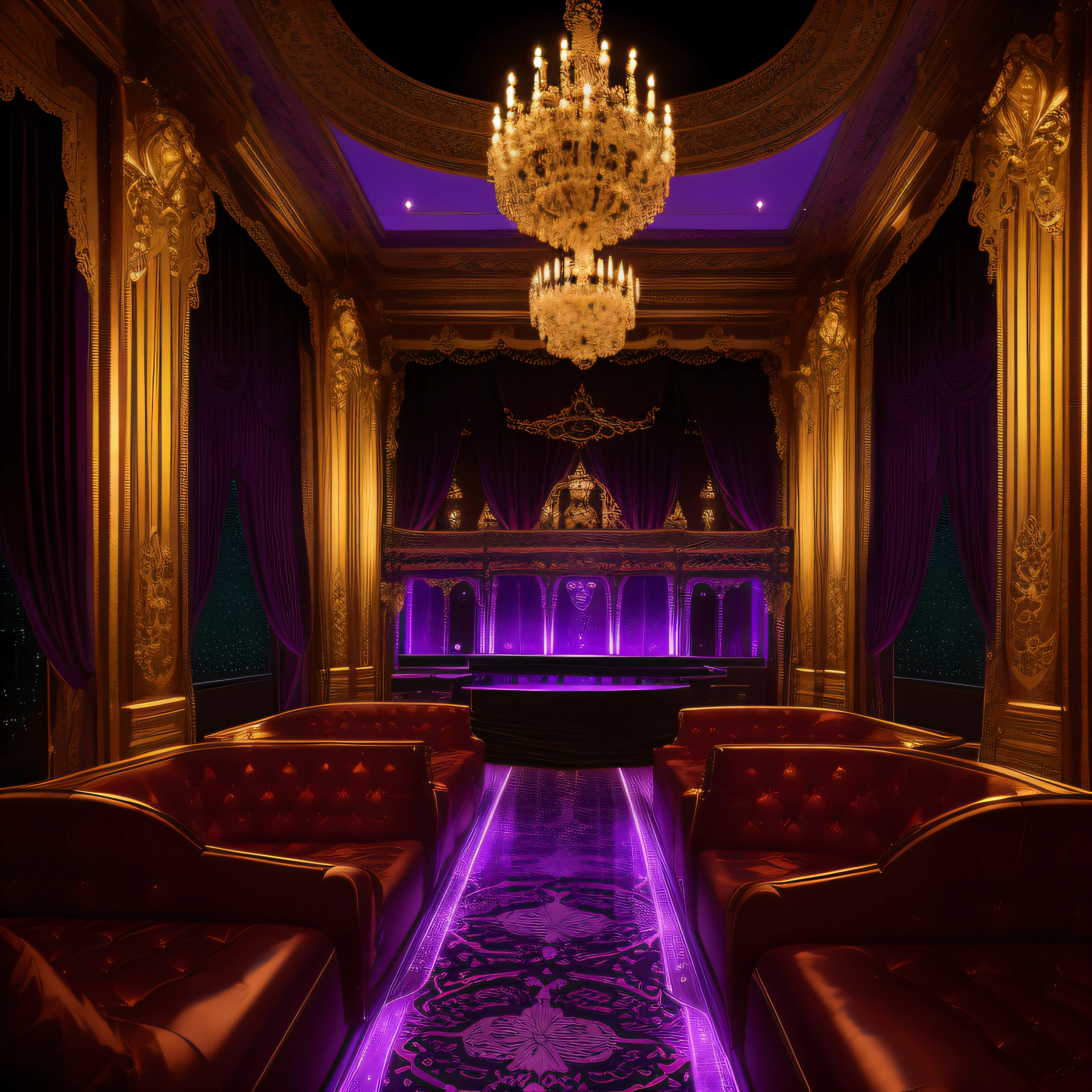 An opulent nightclub with a glitzy exterior, its walls covered in metallic accents and illuminated by flashing lights. Inside, a grand dance floor is surrounded by plush velvet seating and ornate metalwork details. A stage at one end of the room showcases a live band or cabaret act, while bartenders mix cocktails behind a gleaming bar., Shadows, Tilting, pool light, ambient, kicker light,