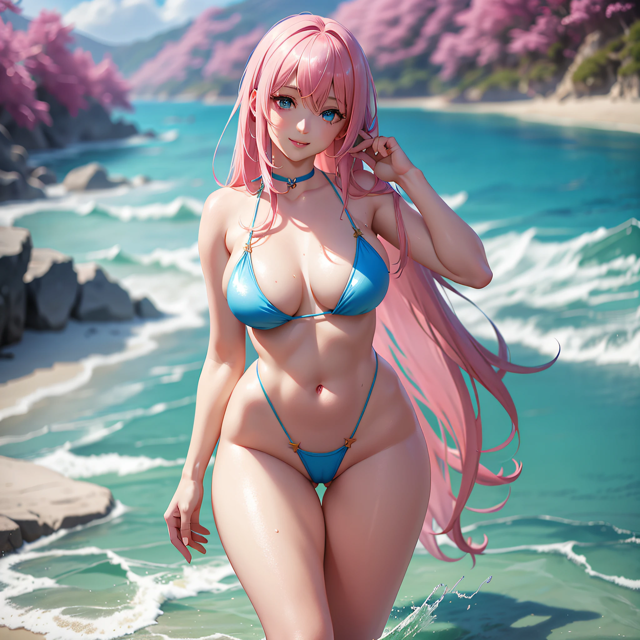 pale tones, photorealistic, beautiful attractive anime girl, super detailed, smile, beautiful blue eyes, beautiful style, melanch luka, pink hair, gentle expression, (seductive anime girl), full body, beautiful skin, sexy swimsuit, resort beach, (rear appearance: 2.0), background without buildings,