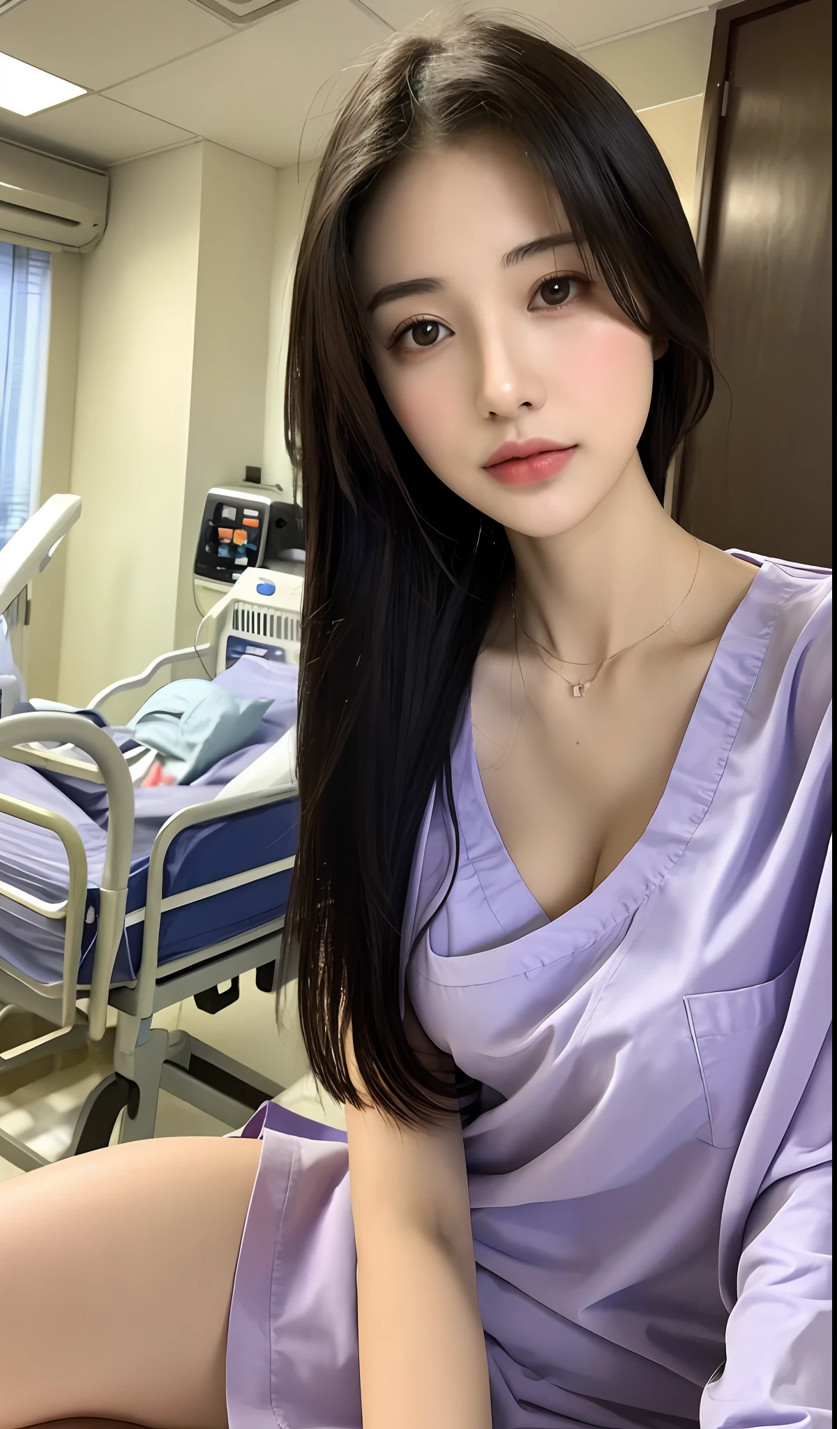 (masterpiece:1.2), (ultra detailed:1.0), 20 year old girl, tareme, large breasts, looking at viewer, nomakeup, blurry background, hospital, (nurse:1.0)