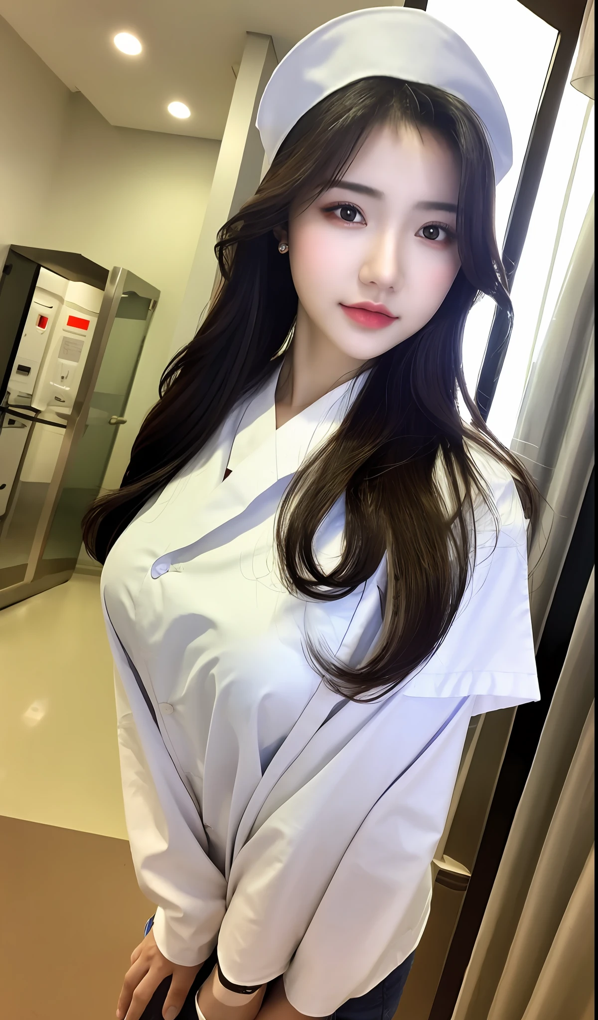 (masterpiece:1.2), (ultra detailed:1.0), 20 year old girl, tareme, large breasts, looking at viewer, nomakeup, blurry background, hospital, (nurse:1.0)