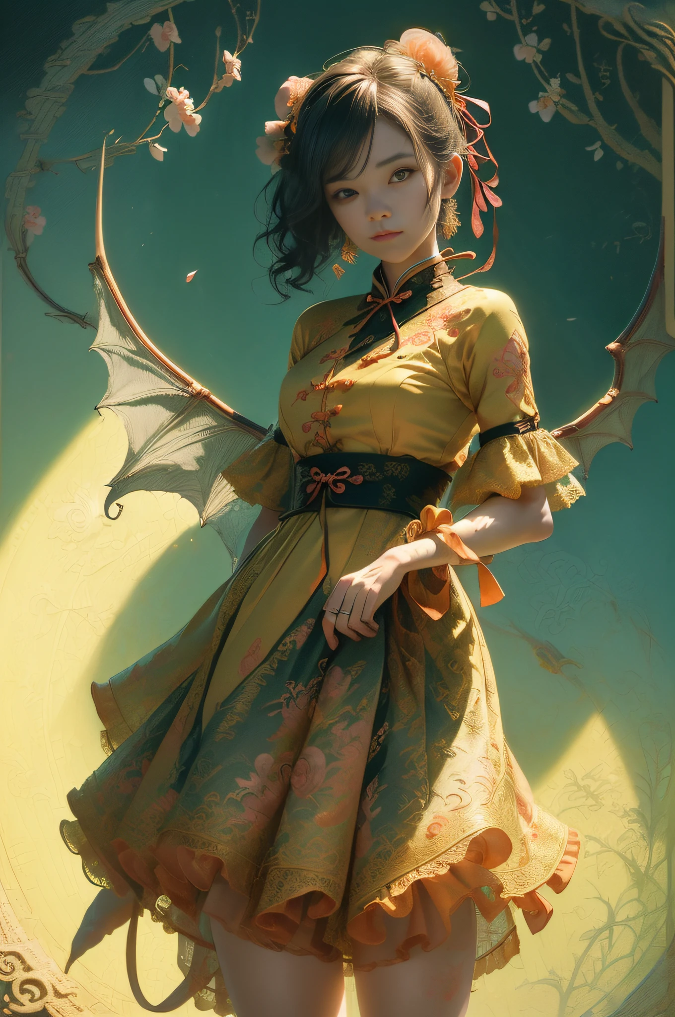 [Detailed illustrations, art based on extremely ideal anatomy, very detailed and detailed drawings, delicate lines with slow and urgent, realistic texture expression],(((Color tressed main lines)),(Artwork with outstanding craftsmanship),(Garden background),HENTAI KAWAII [ANIME Girl Chinese ((short stature) slim body) 12 years old] (hair),((peach blossom) 簪) (yellow dogi ( Dragon embroidery: 0.3)) ((lace ruffled ribbon)),((Tattoo:0.5)),(Colorful)) (Kung Fu (Dynamicpose:0.4)),(High contrast:0.8),((Fine and beautiful skin expression (transparency))),((Clear gaze)),((Perfect eye details (Beautifully drawn pupils)))),(Beautiful perfect face ( Realistic facial details)),((Beautiful hair details)),(Perfectly proportioned proportions)),(Design built to a high level,(((Advanced structural understanding of materials)),Ideal color coordination),((Artistic decoration))) ((Dense details)),(Detail,High definition)),[(Ultra-precision detail),(((Multilayer texture)), HighQuality,High Resolution],((Accurate simulation of light-material interaction, understanding of air flow, mechanically correct representation)),(((Visual art with a sense of narrative)).