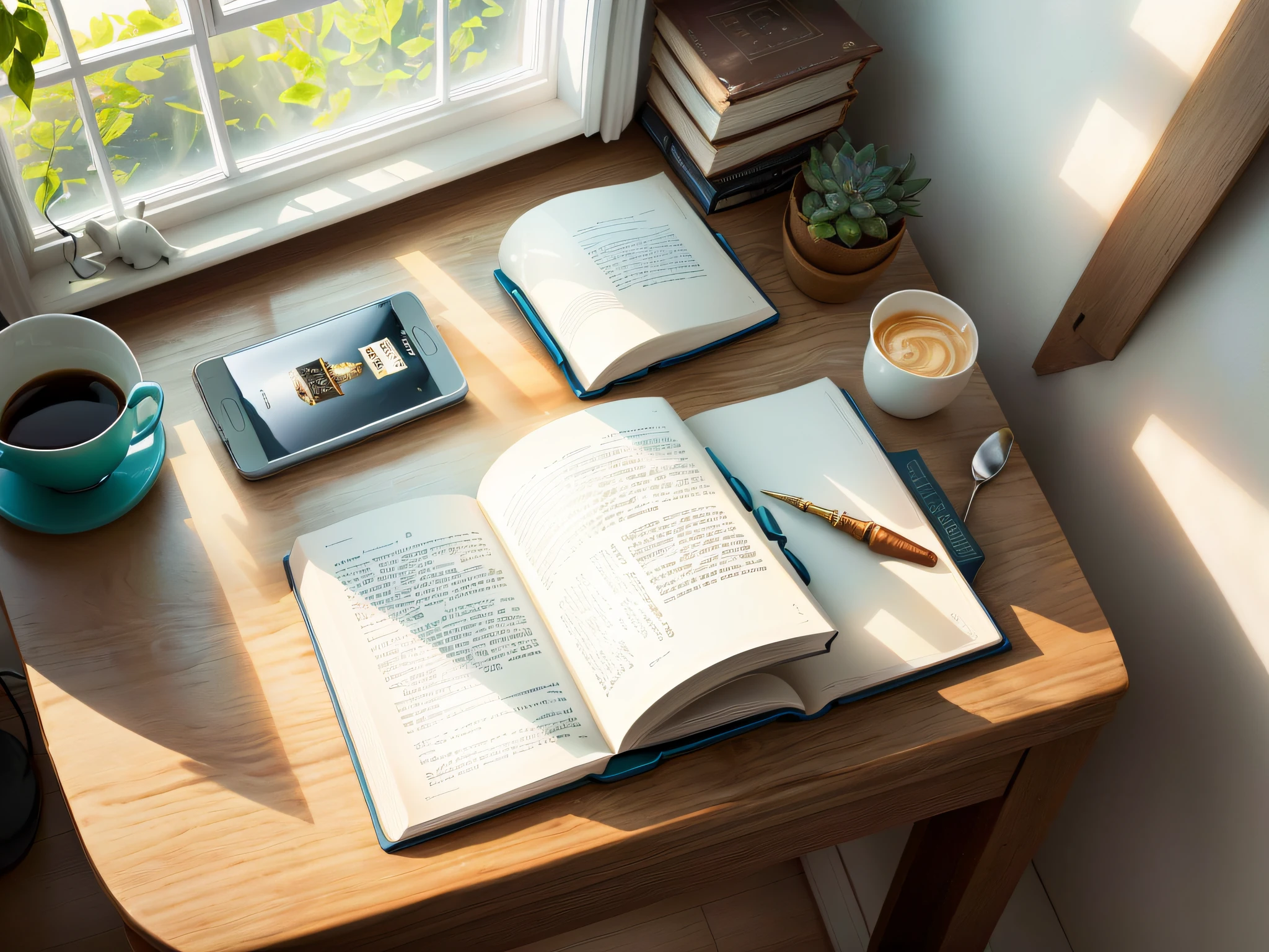 An ebook and a white table, the only source of light and a window