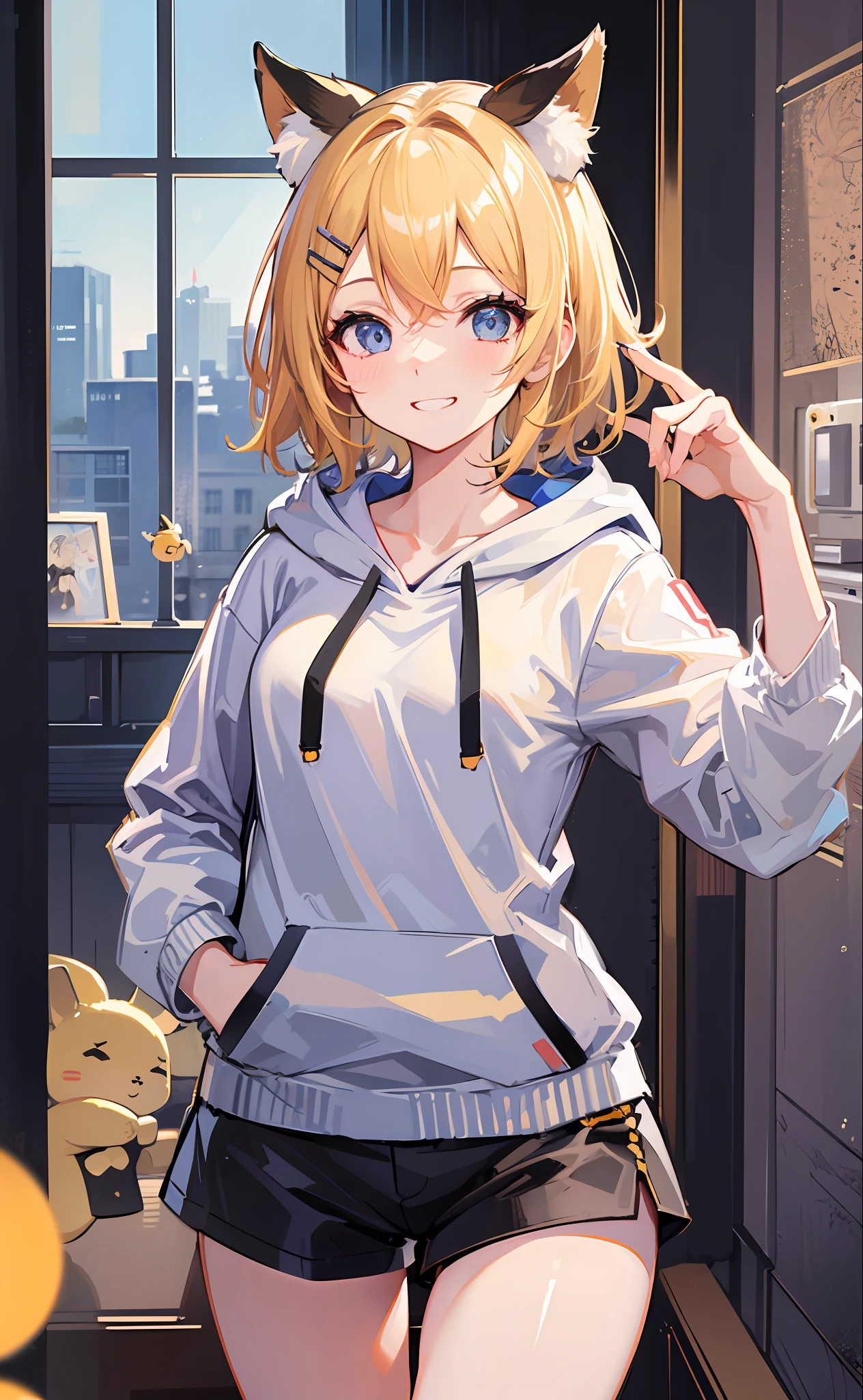 (Masterpiece), (Best Quality), (Illustration), (Ultra Detailed), (High Resolution), Perfect Anatomy, Absurdity, One Girl, (Kagamine_Rin), (Vocaloid), Short Hair, Hair Clips, Big Smile, (Blonde), Very Cute Girl, Small, Young, Delicate, Attention to Girl, Bedroom, Cute, She, Smile, Best Moment, , Blue Eyes, Bright Eyes, Lively eyes, cute, standing, thighs, sweet, innocent, love love, love viewer, clean skin, beautiful body, cute face, delicate arms, boyfriend gaze, lively eyes, neat, bare legs, dabo dabo hoodie, perfect hoodie, white hoodie, black shorts, beautiful girl, blue sky, full of energy, best girlfriend, happiness, cat ears, naughty mood, female brat, cheeky, teasing, grinning, nsfw, rape
