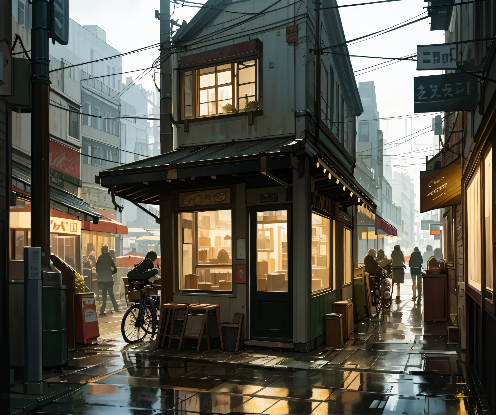 Photo of a cafe, wet street, buildings, busy street, cycle, garbage, nostalgia, ultra quality, hyper detailed,