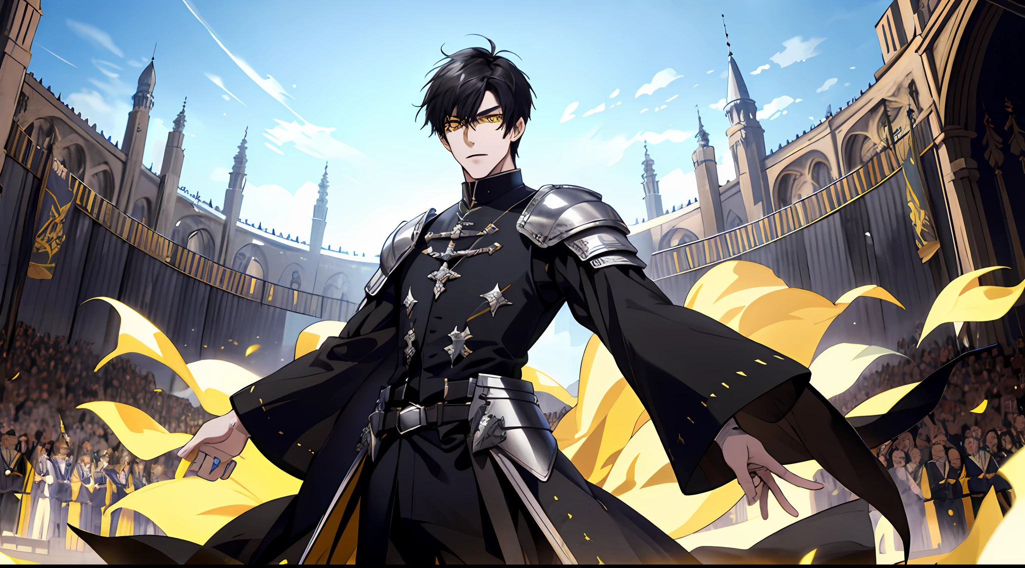 (ridiculous, high resolution, super detailed), (panorama), (1 male), tall, dressed in pale black armor, yellow eyes, short black hair, medieval style, square, crowd, open mouth, town, streamer, magic flow, standing on stage, blue sky