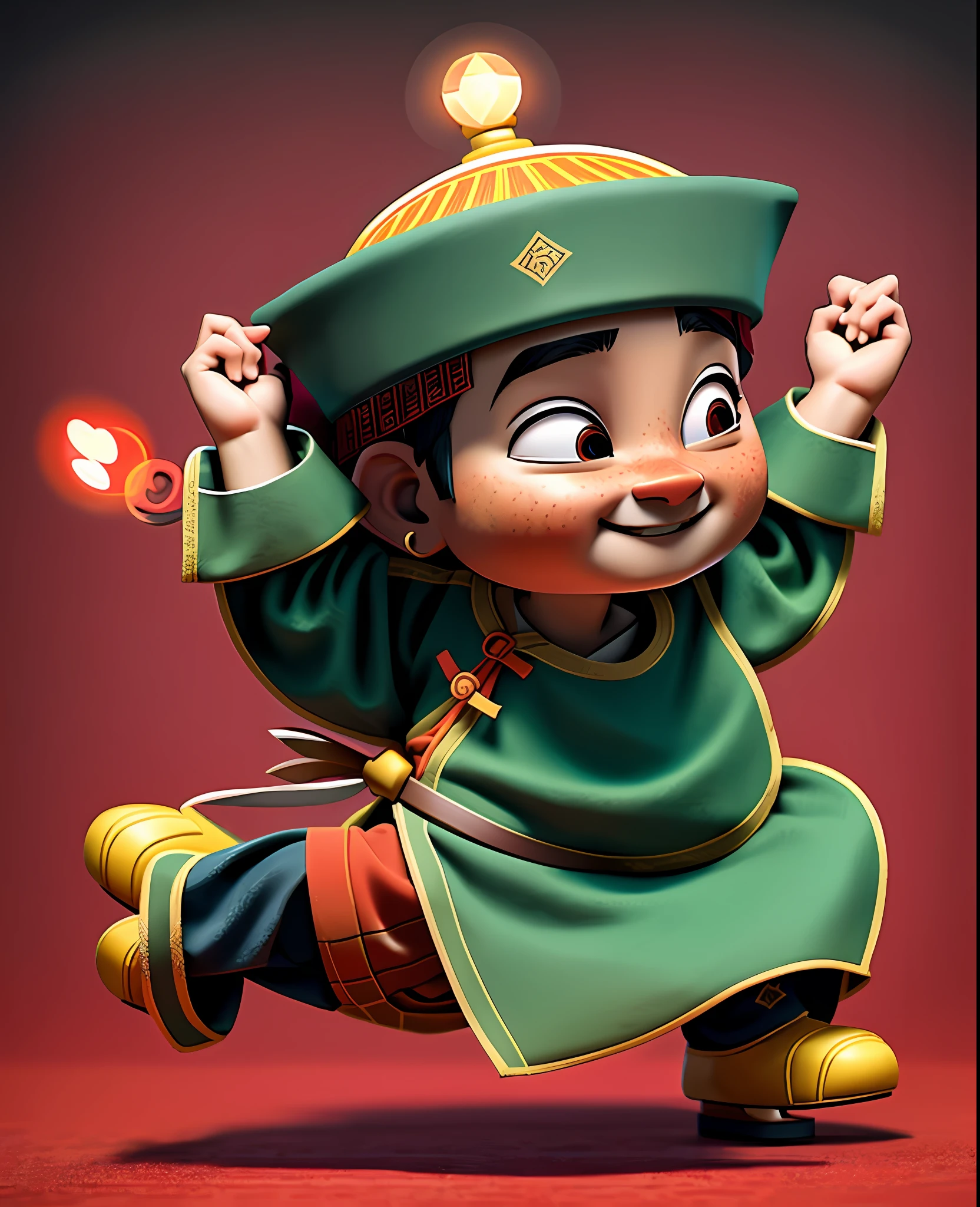 A cartoon of a boy wearing a red Hanfu and a black ancient official hat, one foot half squatted, one foot forked to do the action of comparing the heart, inspired by the Chinese warrior Puhua, Chinese clothing, Chinese boy, intricate details, colors follow the original picture, clean background