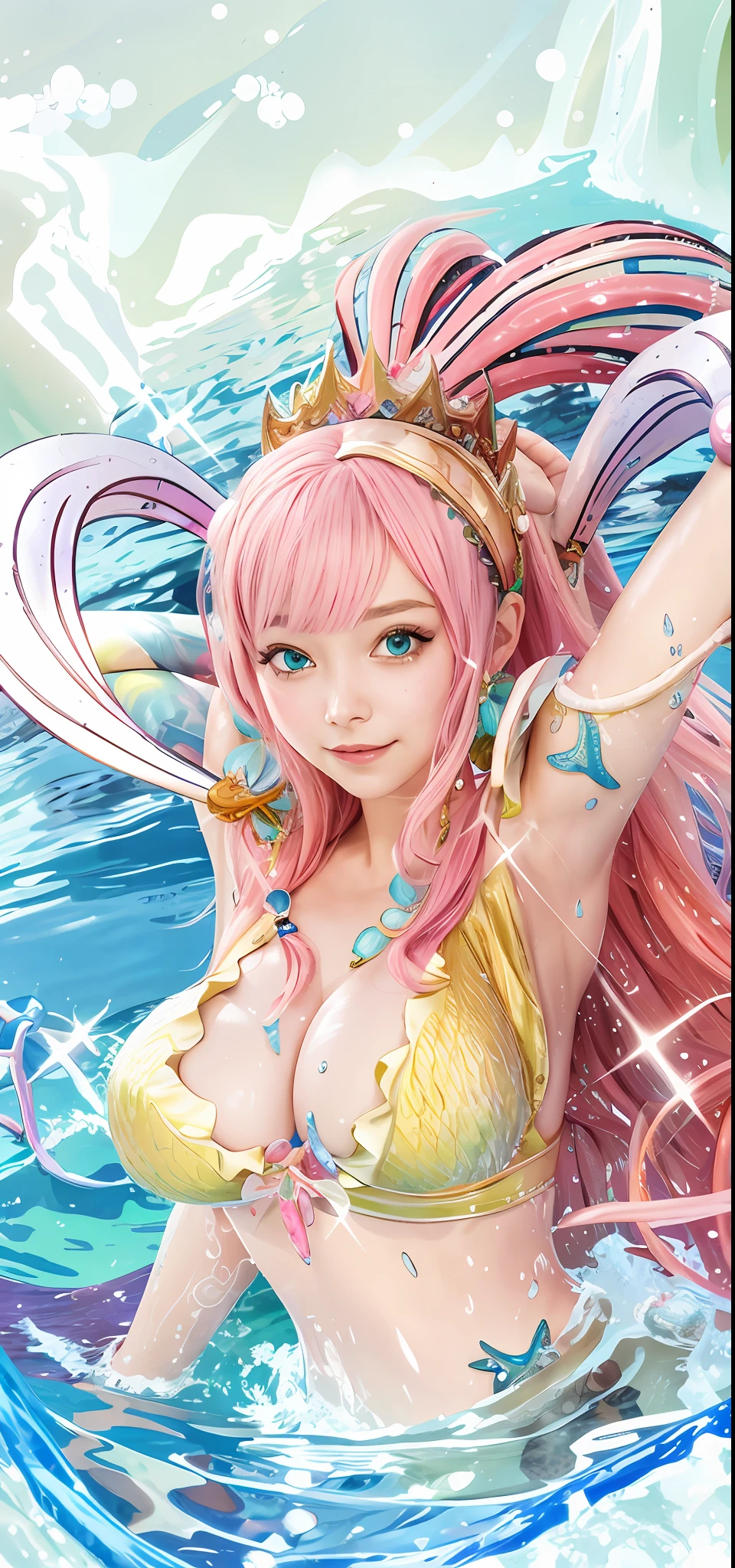 A mermaid in a bikini top, perfect body, pink hair, headdress, oversized big breasts, blush, water