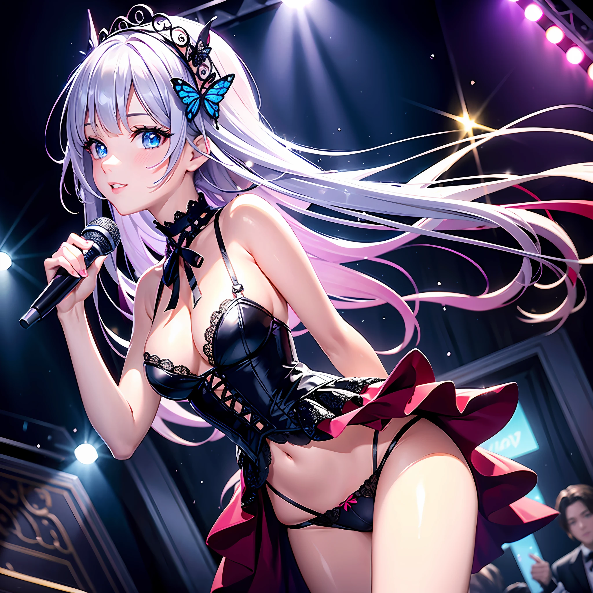 Illustration, cinematic light, high resolution, best quality, ultra detailed, detailed face, (detailed eyes), highest quality, super detailed, masterpiece, (detailed face), pretty face, best smile, sexy mature woman transparent (white and red goth costume: 1.5), ultra detailed embroidery, cloth, choker, open cloth, NSFW, high heels, blue eyes, neon small shiny hair ends, D cup, cleavage, AI fantasy concert, shining lighting with neon details, idol, (live stage: 1.15), (holding the microphone with left hand singing: 15), singing with butt sticking out: 5, (in the crowded audience in the background), light reflection, heart-shaped iris, playful eyes, open shoulders, (wet body), small glowing butterfly, hair jewelry, panties, cute string panties with ribbon: 1.5