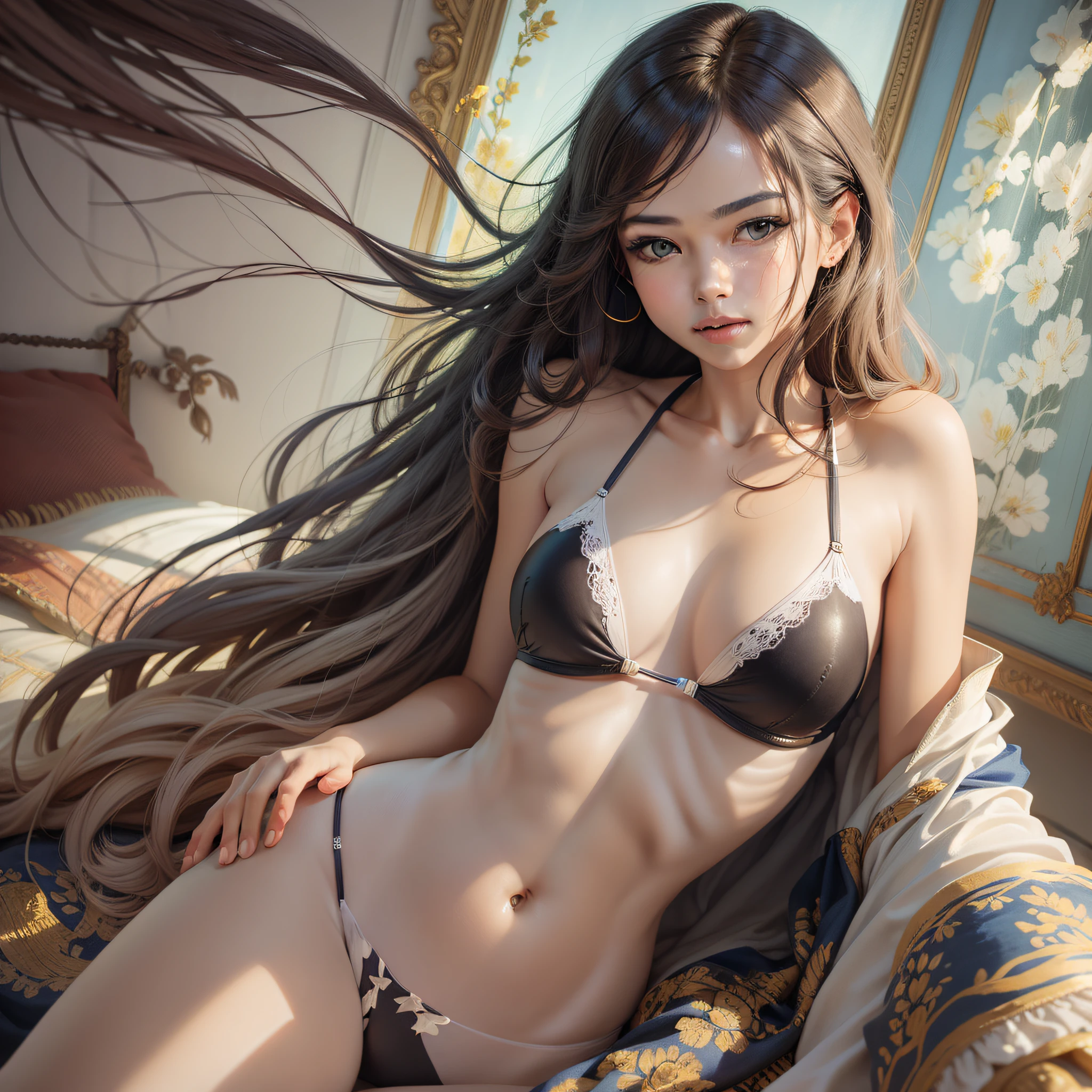 The painting style is fresh, natural beauty, soft and beautiful, angle front, soft light and shadow, rich texture, highlighting the charm of the model, wearing a bikini.