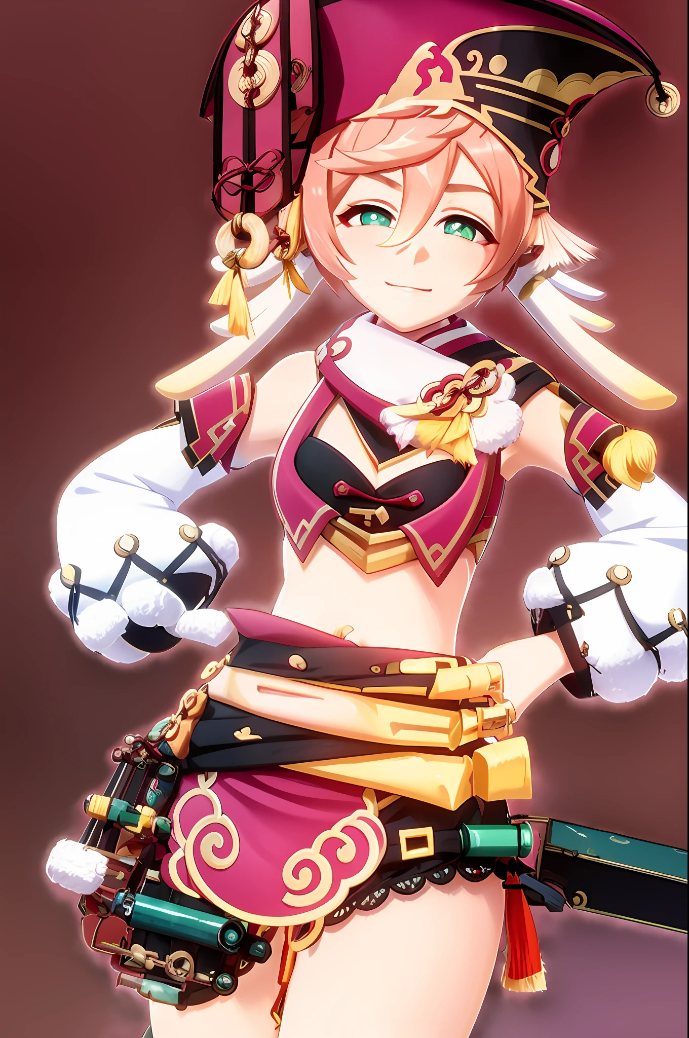 Pink hair, Yanfei, Genshin Impact, Genshin Impact style, antlers, hair between eyes, lawyer, short shorts, small breasts, choppy hair, cute, rosy cheeks, red background, smoke, Liyue, fire, lighting, intense