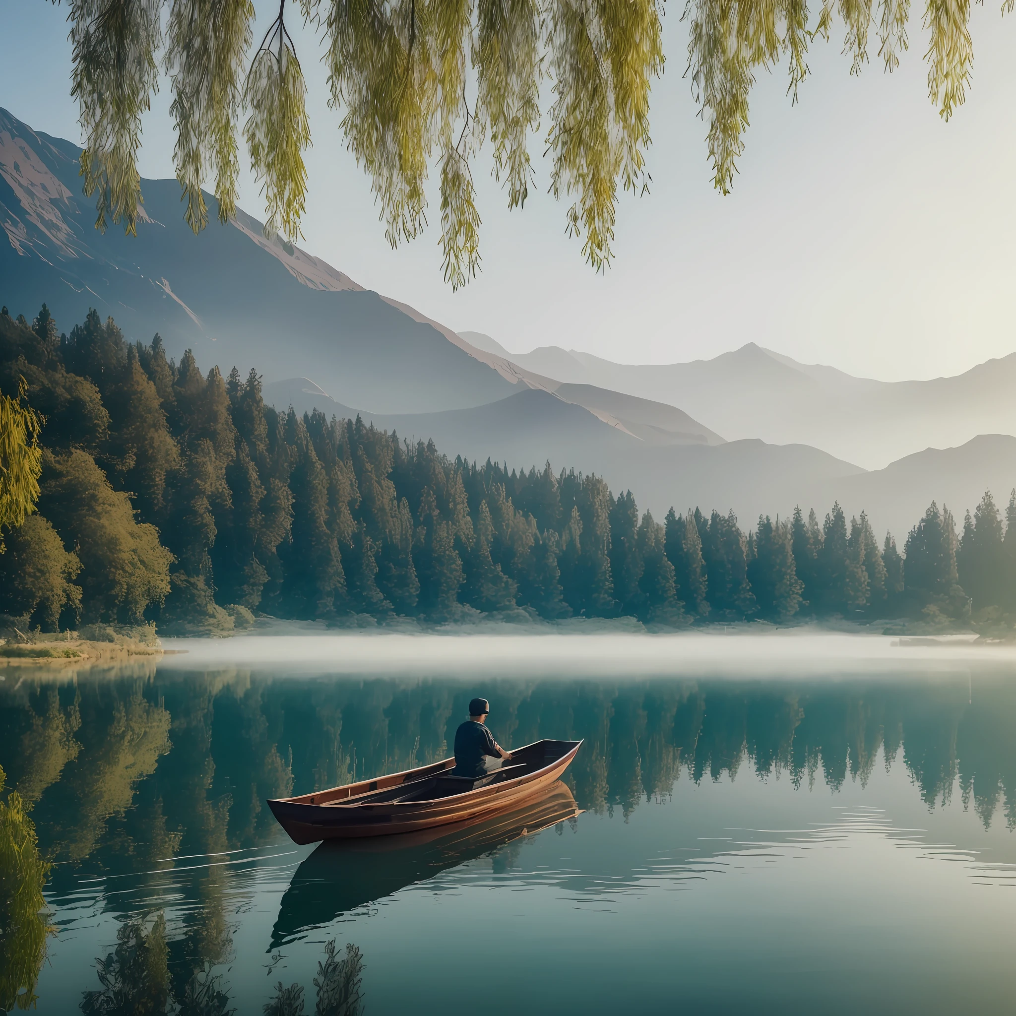 An arafed view of the lake, mist on the lake, a boat on the lake with an old man lying down drinking, willow trees on the shore of the lake, surreal photo of a lake, ancient sub-Asian landscape, cinematic lighting, beautiful and aesthetic, photography, film, 8k, high detail --auto --s2