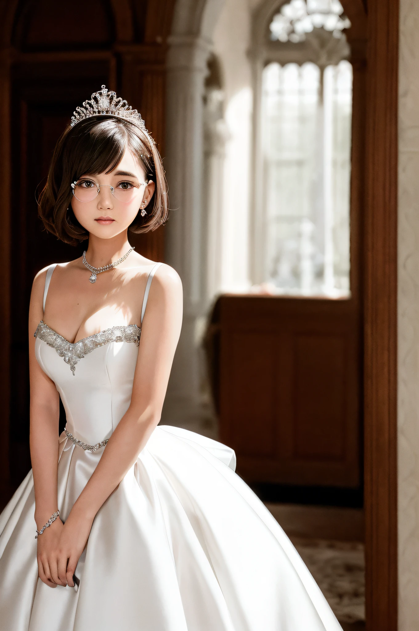 18-year-old female in wedding dress, silver tiara, D cup breasts, Boston-style glasses, brown hair, bob hair, association