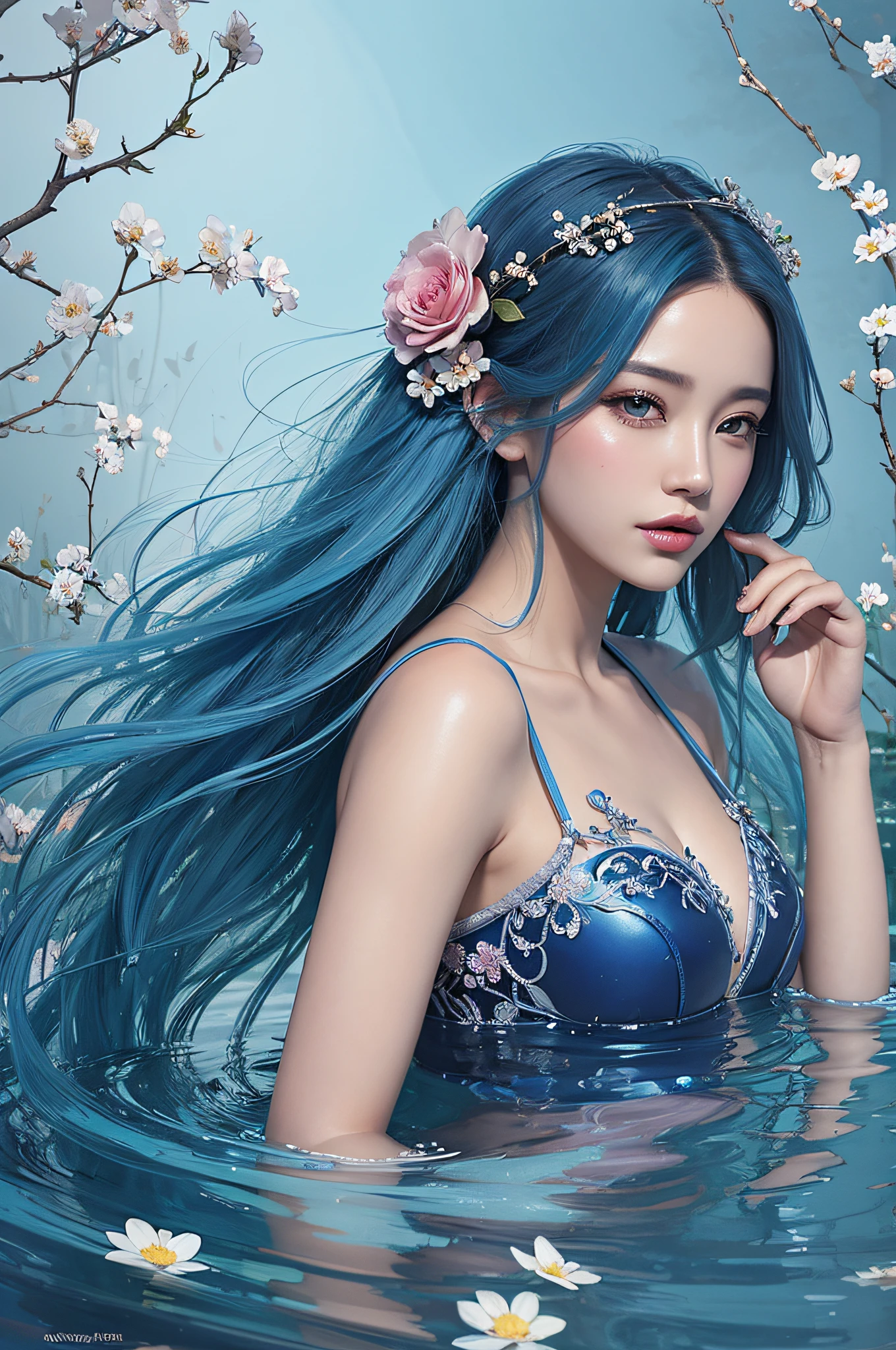 beauty with blue hair and flowers floating in water, beautiful beauty, beautiful digital illustration, beautiful artwork illustration, beautiful digital artwork, beautiful gorgeous digital art, beautiful digital art, asian female water element, gorgeous digital art, very beautiful digital art, close up fantasy with water magic, beautiful fantasy art, beautiful digital painting, beautiful digital illustration, gorgeous digital painting