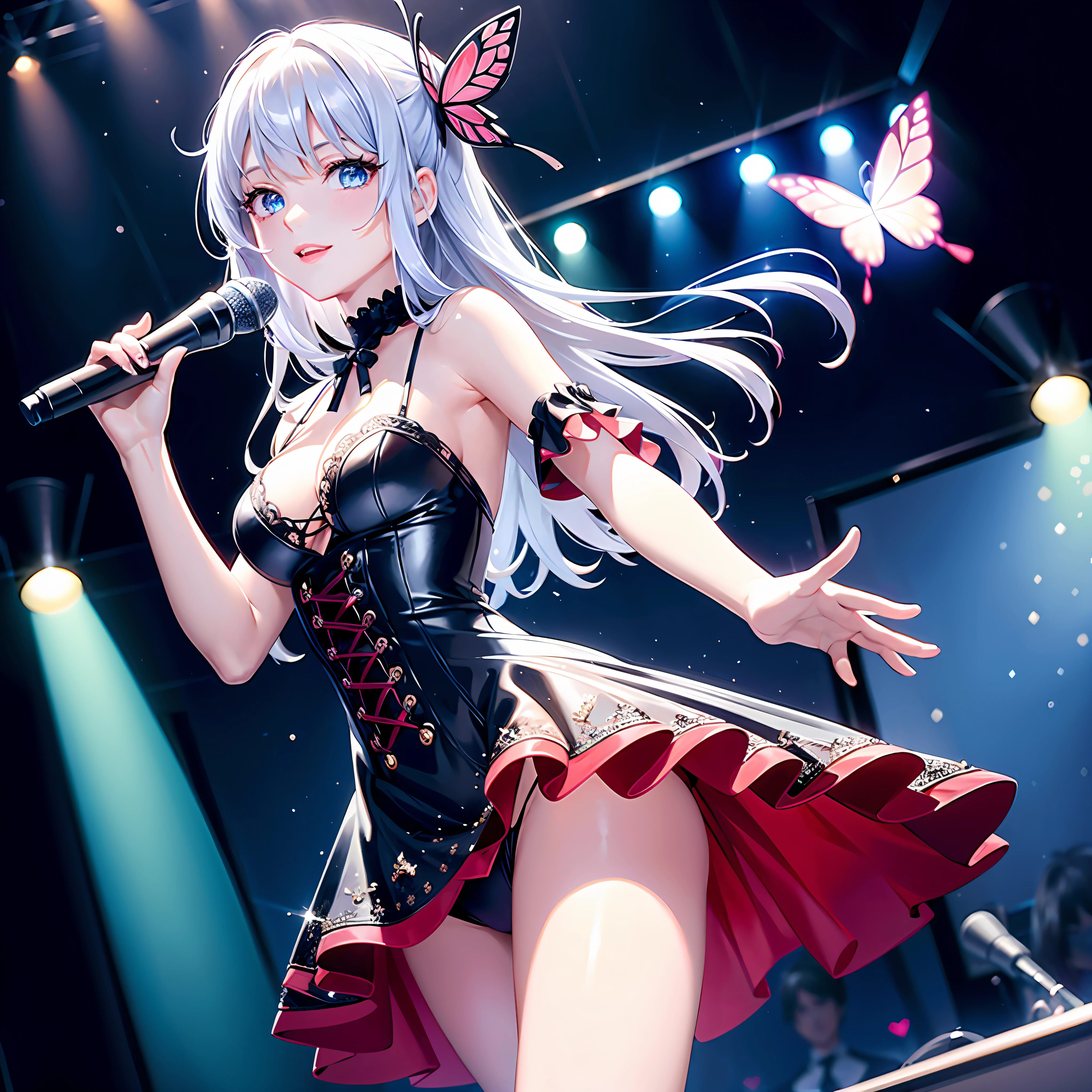 Illustration, cinematic light, high resolution, best quality, ultra detailed, detailed face, (detailed eyes), highest quality, super detailed, masterpiece, (detailed face), pretty face, best smile, sexy mature woman transparent (white and red goth loli costume: 1.5), ultra detailed embroidery, cloth, choker, open cloth, NSFW, high heels, blue eyes, neon small shiny hair ends, D cup, cleavage, AI fantasy concert, shining lighting with neon details, idol, (live stage: 1.15), (holding the microphone with left hand singing: 15), singing with butt sticking out: 5, (in the crowded audience in the background), light reflection, heart-shaped iris, playful eyes, open shoulders, (wet body), small glowing butterfly, hair jewelry, panties, cute string panties with ribbon: 1.5