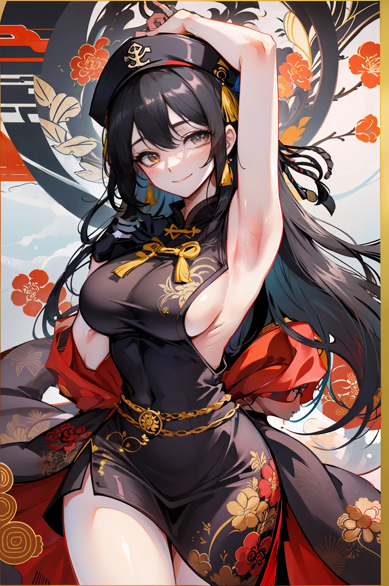 masterpiece,1girl,solo,black hair,underboob, hat,light_smile,ofuda,china dress, spread arms , shaved armpits,sfw