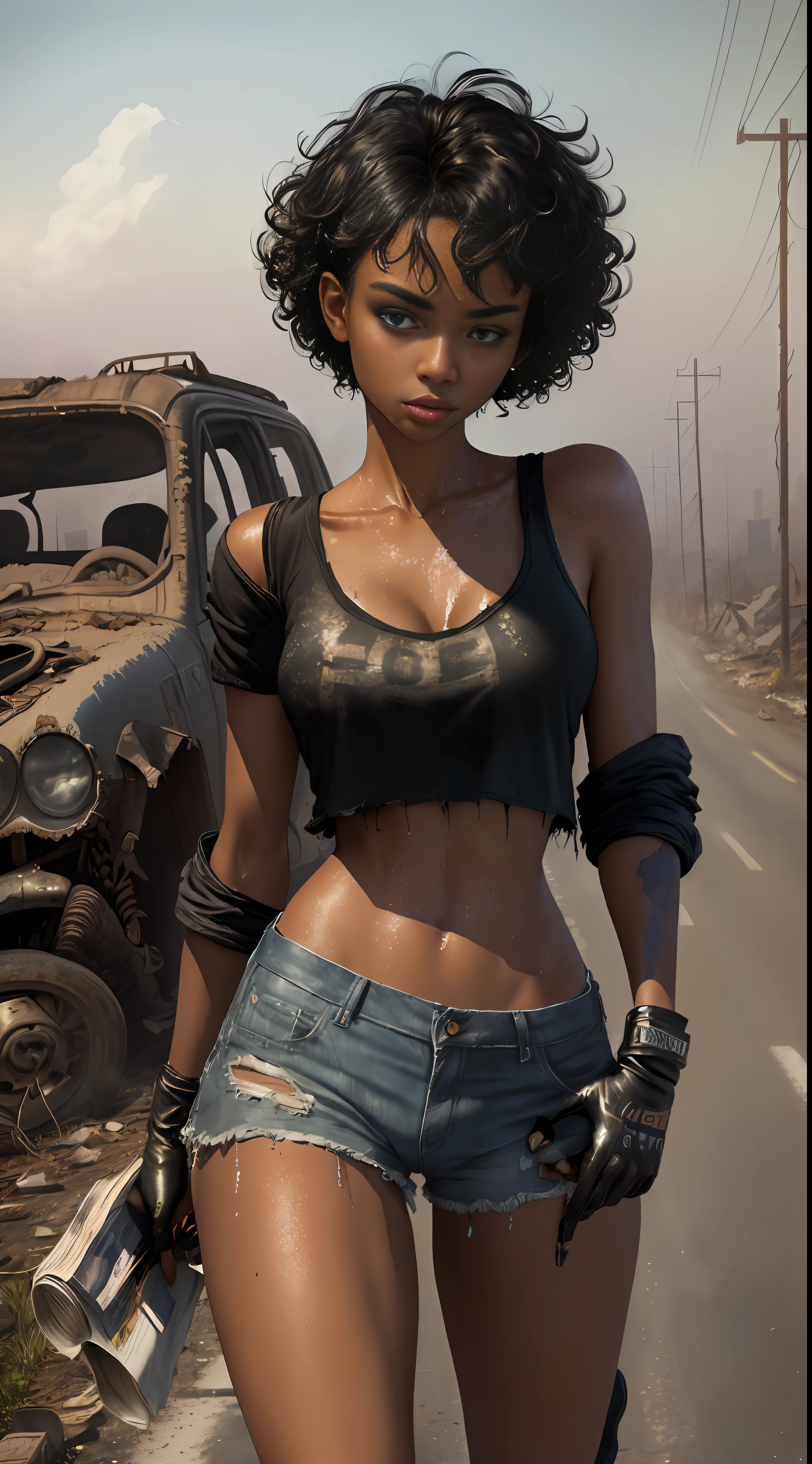 Black Yael Shelbia (beautiful and bold, seductive and attractive, blue eyes, pointed breasts, short curly black hair, sweaty body, open shirt, short shorts, boot, short glove, thick legs). (deserted road, dirt road, smoke, abandoned cars, newspapers, abandoned objects, bodies lying on the ground, abandoned road, apocalyptic scenery, cinematic effect), (Best quality, masterpiece, depth of field, Full HD, 4K, richness of detail). Portrait style