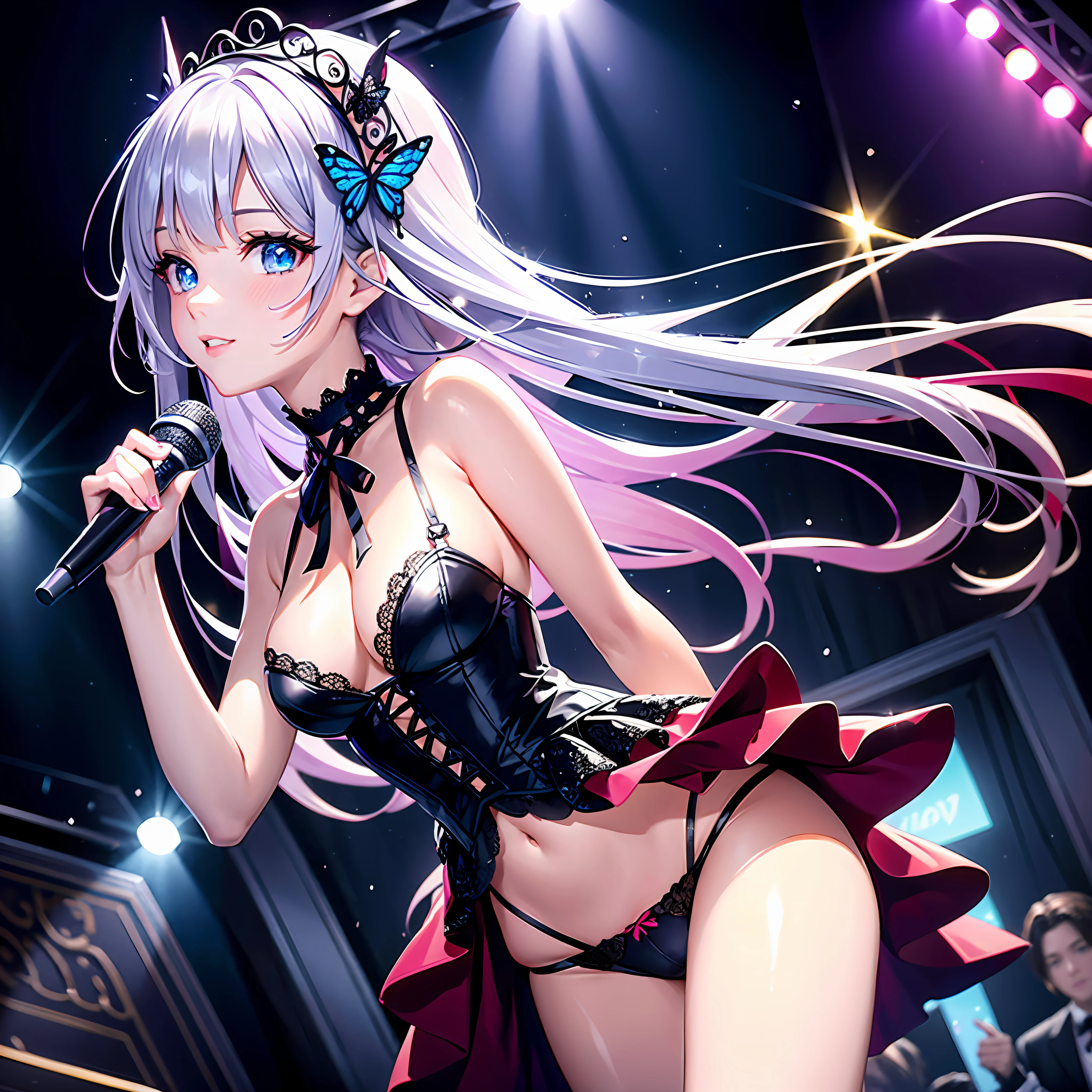 Illustration, cinematic light, high resolution, best quality, ultra detailed, detailed face, (detailed eyes), highest quality, super detailed, masterpiece, (detailed face), pretty face, best smile, sexy mature woman transparent (white and red goth loli costume: 1.5), ultra detailed embroidery, cloth, choker, open cloth, NSFW, high heels, blue eyes, neon small shiny hair ends, D cup, cleavage, AI fantasy concert, shining lighting with neon details, idol, (live stage: 1.15), (holding the microphone with left hand singing: 15), singing with butt sticking out: 5, (in the crowded audience in the background), light reflection, heart-shaped iris, playful eyes, open shoulders, (wet body), small glowing butterfly, hair jewelry, panties, cute string panties with ribbon: 1.5