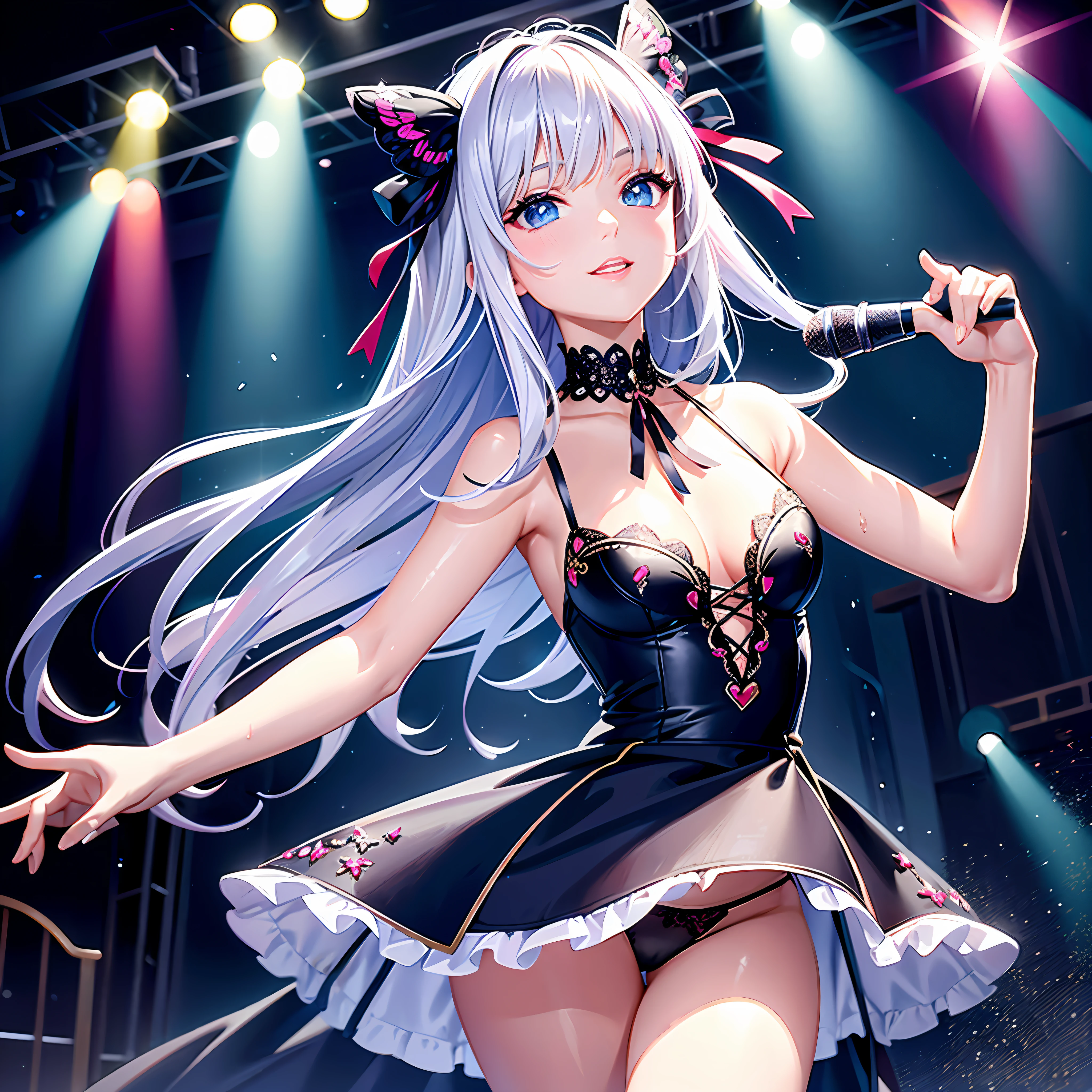 Illustration, cinematic light, high resolution, best quality, ultra detailed, detailed face, (detailed eyes), highest quality, super detailed, masterpiece, (detailed face), pretty face, best smile, sexy mature woman transparent (white and red goth costume: 1.5), ultra detailed embroidery, cloth, choker, open cloth, NSFW, high heels, blue eyes, neon small shiny hair ends, D cup, cleavage, AI fantasy concert, shining lighting with neon details, idol, (live stage: 1.15), (holding the microphone with left hand singing: 15), singing with butt sticking out: 5, (in the crowded audience in the background), light reflection, heart-shaped iris, playful eyes, open shoulders, (wet body), small glowing butterfly, hair jewelry, panties, cute string panties with ribbon: 1.5