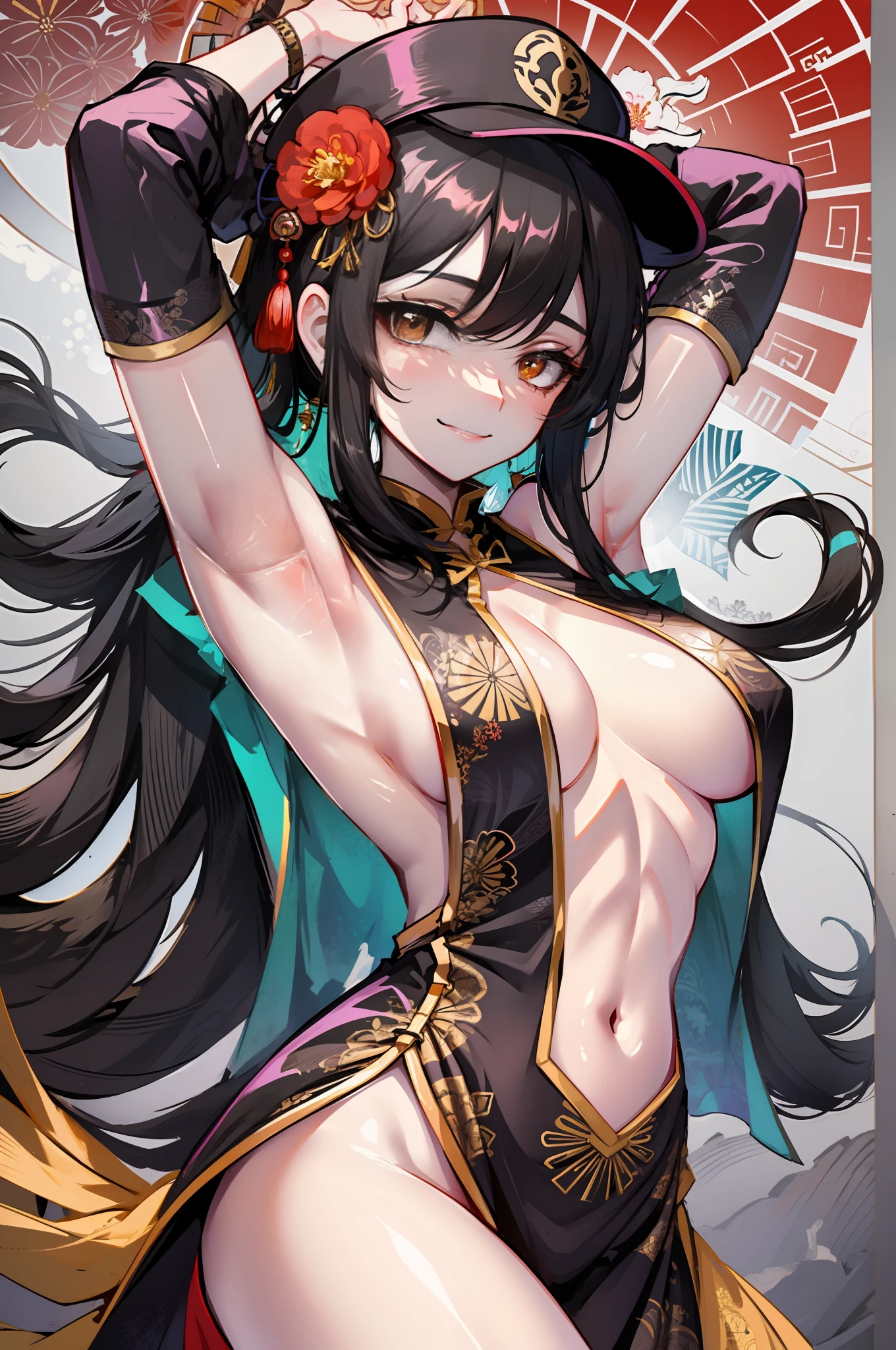 masterpiece,1girl,solo,black hair,underboob, hat,light_smile,ofuda,china dress, spread arms , shaved armpits,sfw