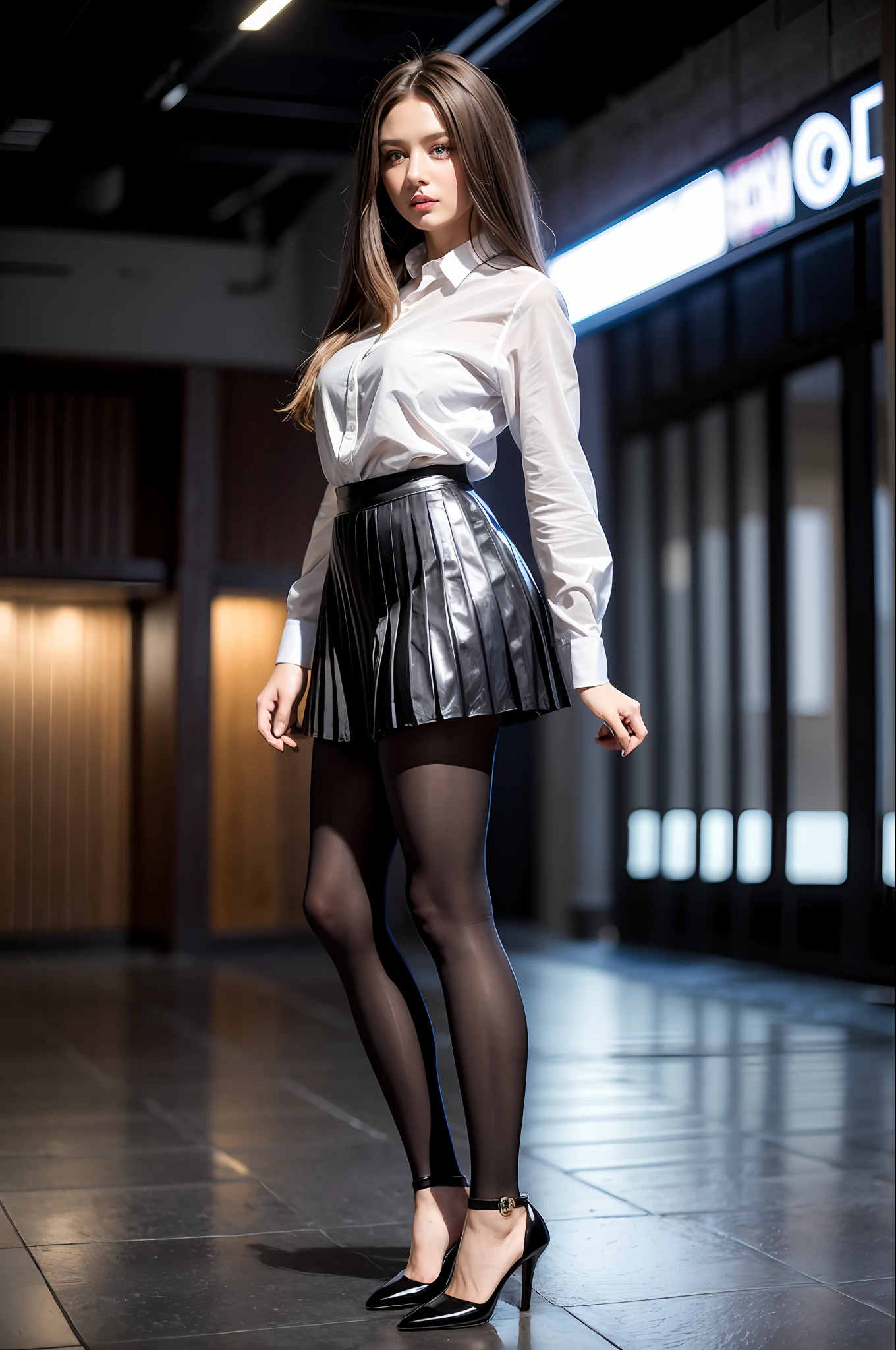 1girl, pleated mini-skirt, blue eyes, brown hair, full body, grey skirt, high heels, lips, long hair, looking at viewer, pleated skirt, realistic, see-through, shirt, shoes, skirt, solo, standing , lace, tights, leggings, pleated skirts