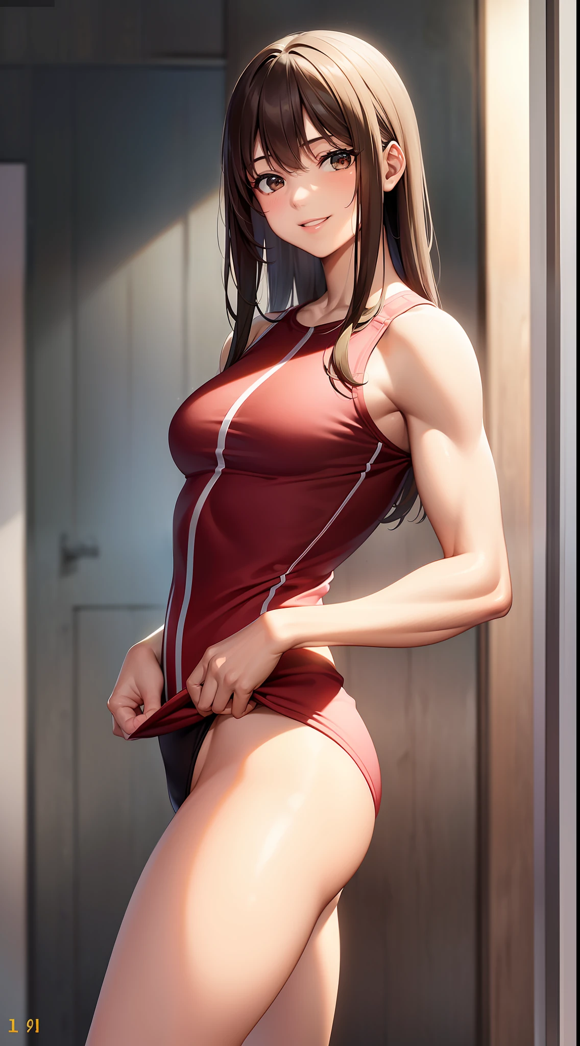 ((realistic: 1.5)),((best quality)), ((masterpiece)),((detailed)), Photo raw, 8k, hdr, 2 Brazilian women, brown eyes, brown hair, slim fit body, small breasts, runner clothes, white skin, gorgeous smile, lascivious, squeezing your bodybuilder friend's ass