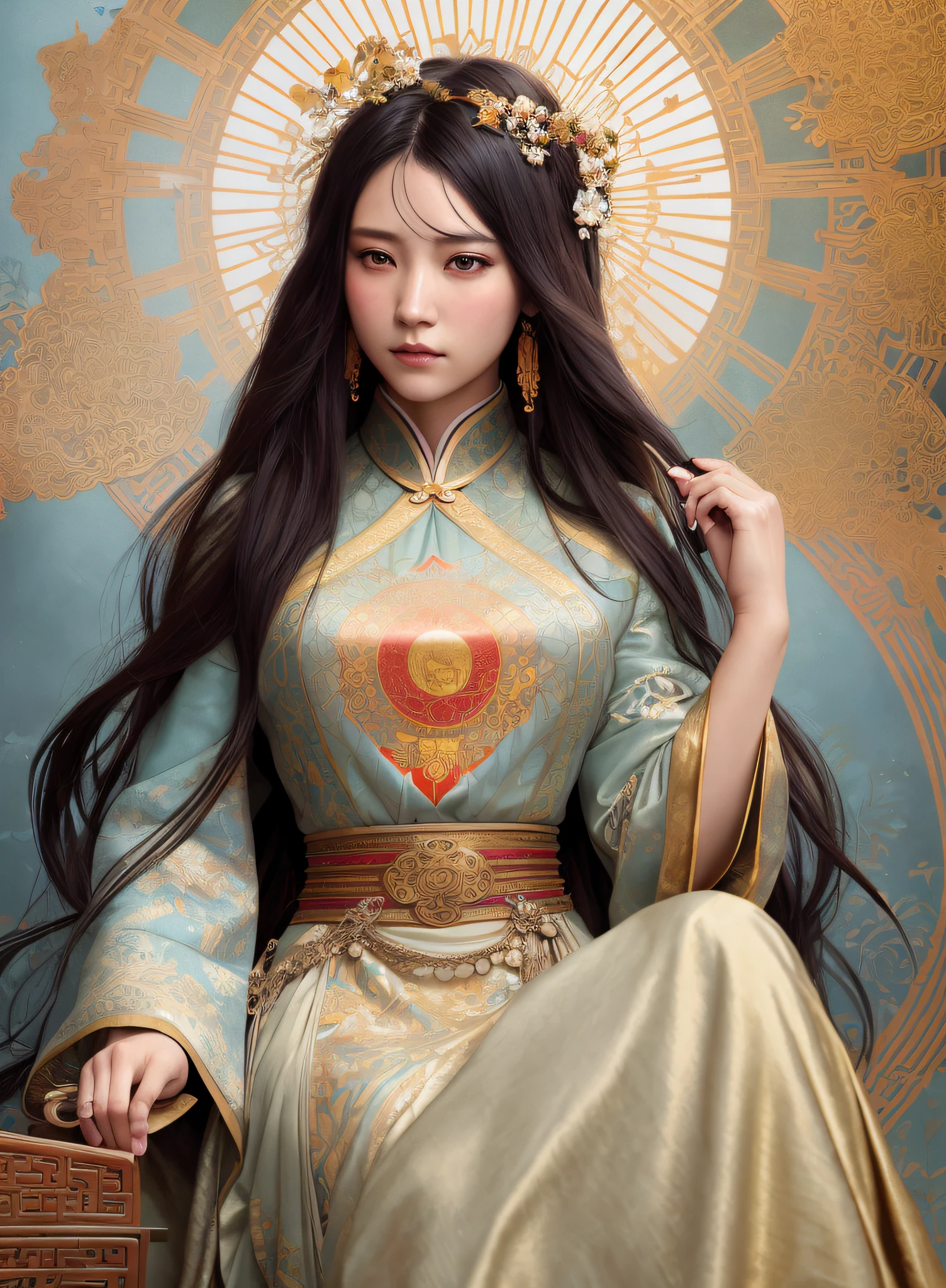 High quality, masterpiece, masterpiece, exquisite facial features, exquisite hair, exquisite eyes, exquisite color hair, 4K picture quality, gorgeous light and shadow, Tyndall effect, halo, messy hair, young state, gorgeous scene, exquisite clothes, chains, feathers, ancient chinese beauty with big eyes very detailed, digital painting, artstation, concept art, sharp focus, illustration, art by greg rutkowski and alphonse mucha and victo ngai