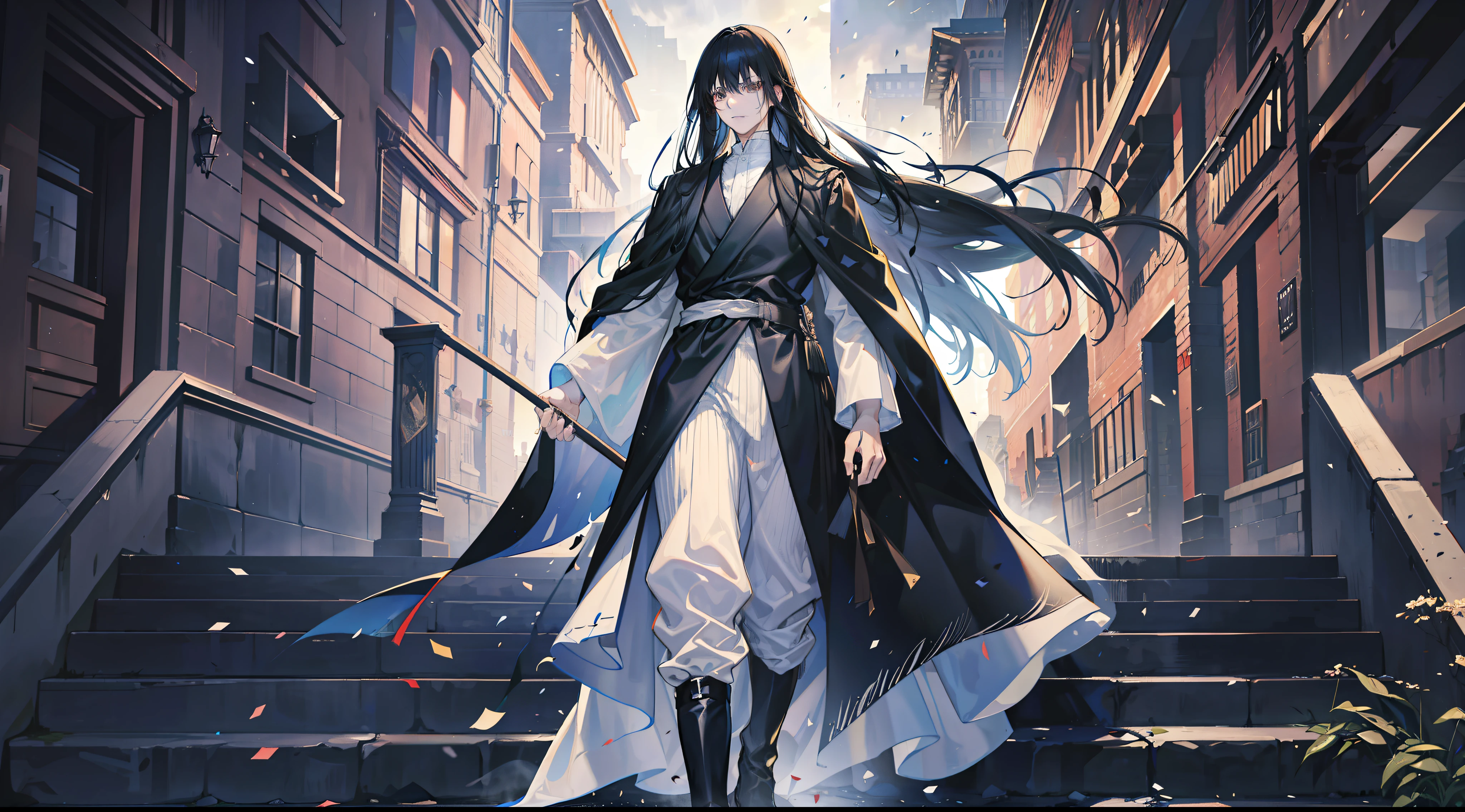 A man, unusually handsome, fair skin, flowing long black hair, black robe, ancient style, surrounded by streamers, square, walking down the steps, in a Western-style town, crowd, 8k