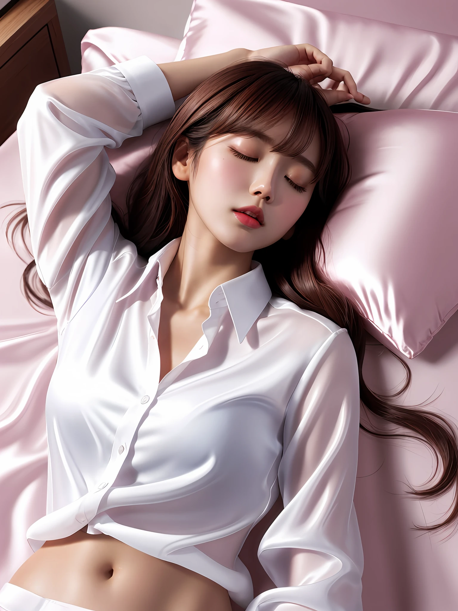 masterpiece, 1 woman per 1photo, upper body shot, directly front view, composition looking subject down from above, a Japanese young pretty woman, hyper pretty face, 18 years old, sleeping on the bed, sweaty body, glossy lips, open mouth, glamorous figure, closing eyes, lying on on the bed, wearing a long sleeves large sized shiny satin silky white collared shirt over a shiny satin pink panty, all buttons on the shirt unbuttoned, her head on a silk pillow, silk bed sheets, double eyelids in both eyes, natural makeup, long eyelashes, shiny smooth light brown hair of medium length, asymmetrical bangs, tanned skin, head in the frame, central image, 8K resolution, high detail, detailed hairstyle, Detailed Face, spectacular cinematic lighting, octane rendering, vibrant, hyper realistic, perfect limbs, perfect anatomy