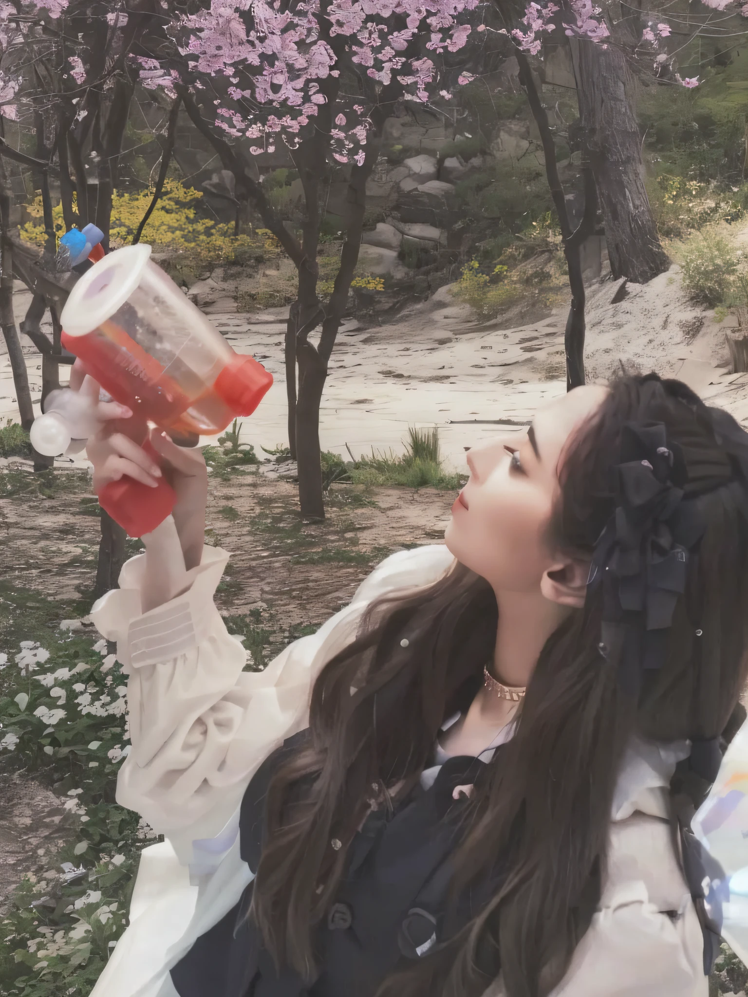 There is a woman holding a bottle of bubble machine in her hand, low quality video, krystal, high quality footage, sand creek, 8K, Loepfe girl aesthetics, loepfe girl, bubble landscape, bubble, , 8K)), in the park, soap bubble mind, 🤬 🤮 💕 🎀 shooting