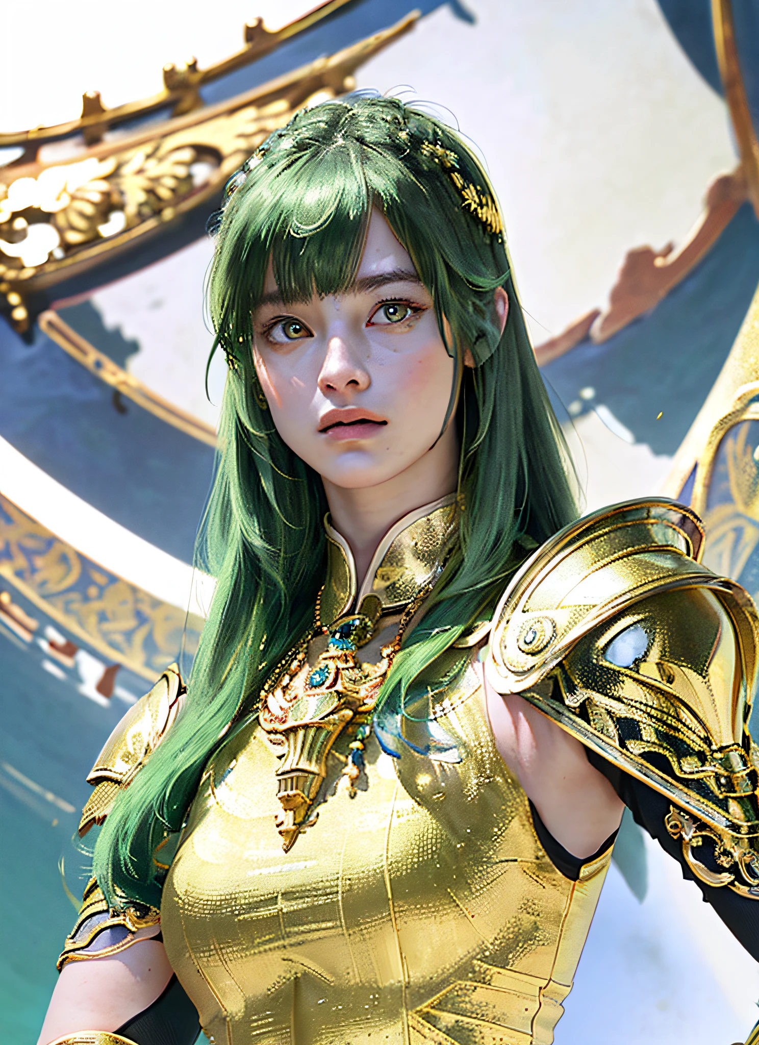 (Realistic, Portrait: 3.3), Complex Details, Big, Sexy Swimsuit, (Ultrareal), (Illustration), (High Resolution), (8K), (Very Detailed), (Best Illustration), (Beautiful Detailed Eyes), (Best Quality), (Ultra Detailed), Intricate Detail Jewels (Detailed Women's Armor: 1.3), (Gorgeous Gold Armor: 1.3), 1 Girl, Solo, Long Hair, Wind, Gorgeous Face, Top Quality, Masterpiece, Maximum Detail, Diffused Lighting, (Green Hair: 1.3), Valhalla Valkyrie, Mechanical Arm, Beauty,