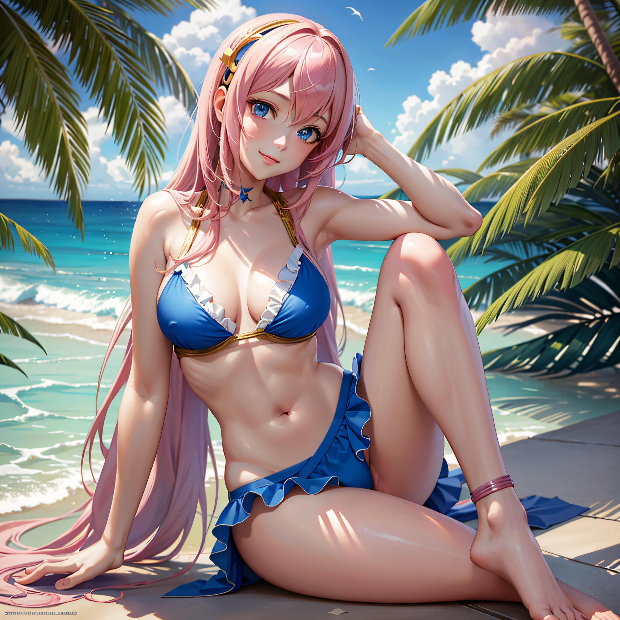 pale tones, photorealistic, beautiful attractive anime girl, super detailed, smile, beautiful blue eyes, beautiful style, megurine luka, pink hair, gentle look, (seductive anime girl), seductive pose, full body, beautiful skin, bikini with ruffles, resort beach, distant background,