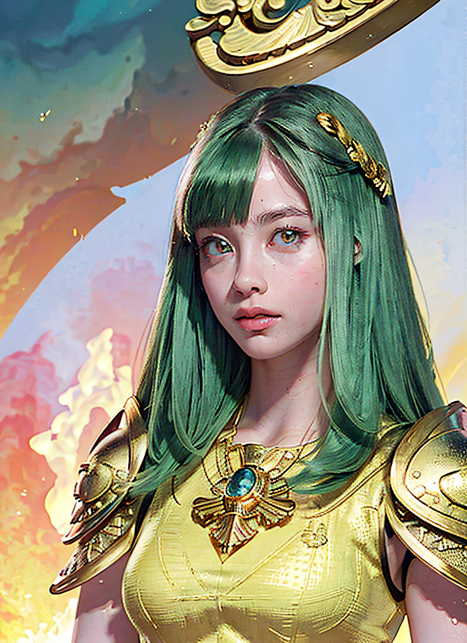 (Realistic, Portrait: 3.3), Complex Details, Big, Sexy Swimsuit, (Ultrareal), (Illustration), (High Resolution), (8K), (Very Detailed), (Best Illustration), (Beautiful Detailed Eyes), (Best Quality), (Ultra Detailed), Intricate Detail Jewels (Detailed Women's Armor: 1.3), (Gorgeous Gold Armor: 1.3), 1 Girl, Solo, Long Hair, Wind, Gorgeous Face, Top Quality, Masterpiece, Maximum Detail, Diffused Lighting, (Green Hair: 1.3), Valhalla Valkyrie, Mechanical Arm, Beauty,