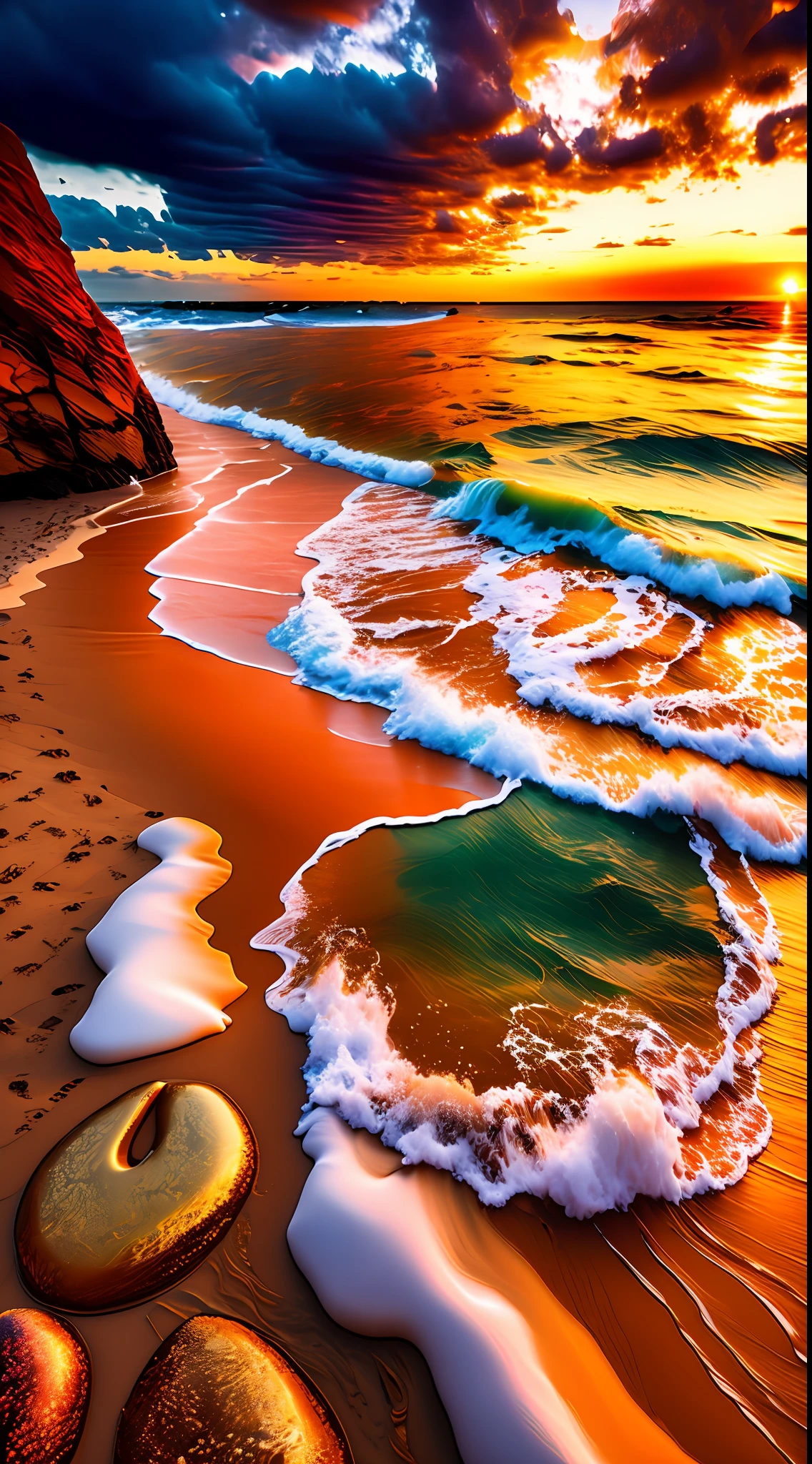 East Pole Island, beach, tide, evening, burning clouds, golden waves, sunset, bright orange sunset through the waves, golden water droplets flying, colorful pebbles, romantic heart-shaped beach, ultra-realistic, surreal, 16k HD,