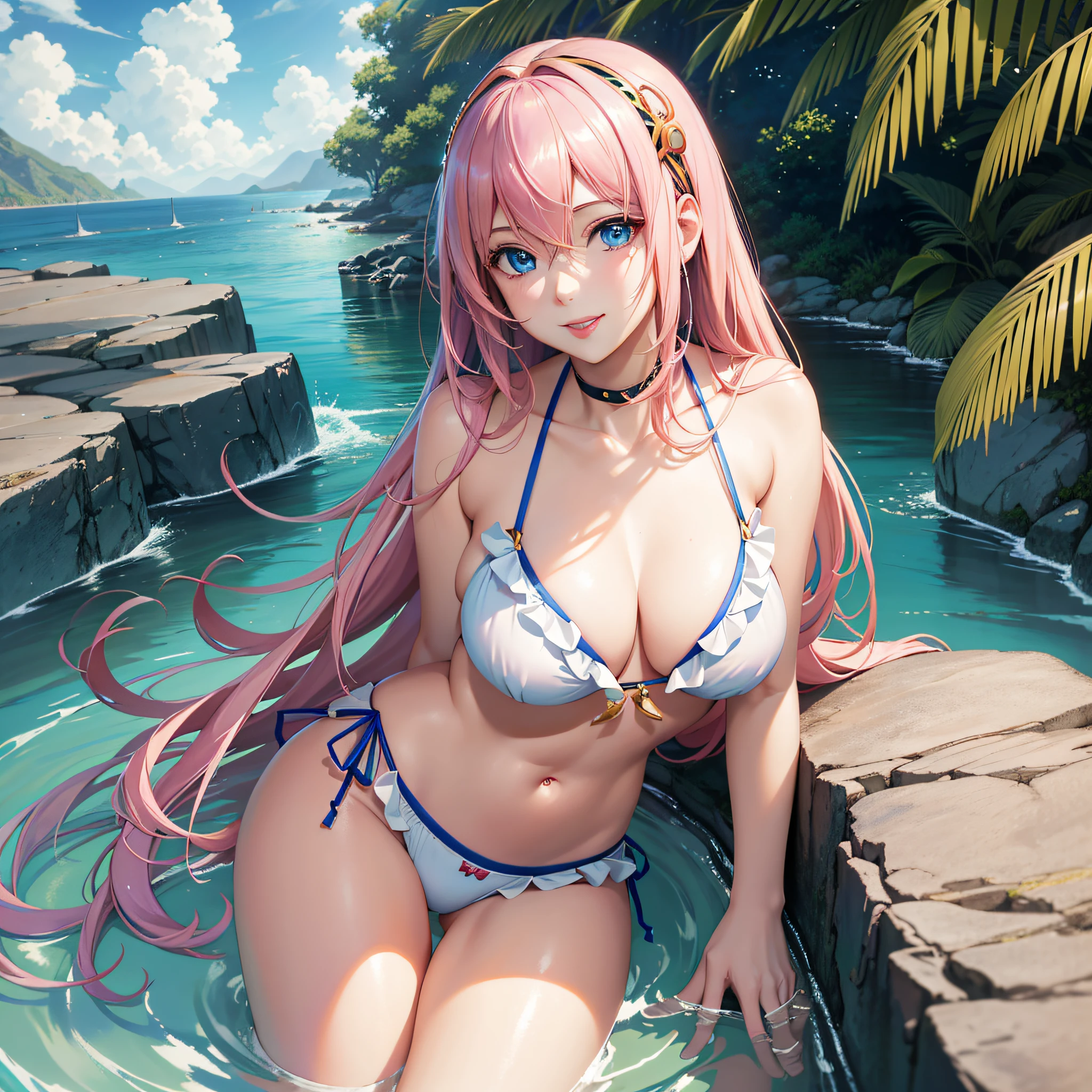 pale tones, photorealistic, beautiful attractive anime girl, super detailed, smile, beautiful blue eyes, beautiful style, megurine luka, pink hair, gentle look, (seductive anime girl), seductive pose, full body, beautiful skin, bikini with ruffles, resort beach, distant background,