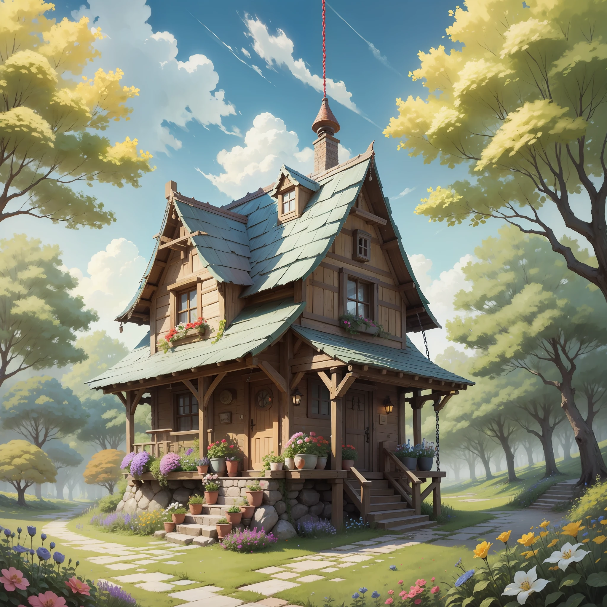 house, ancient dwarf house, cute swing, colorful, flowers