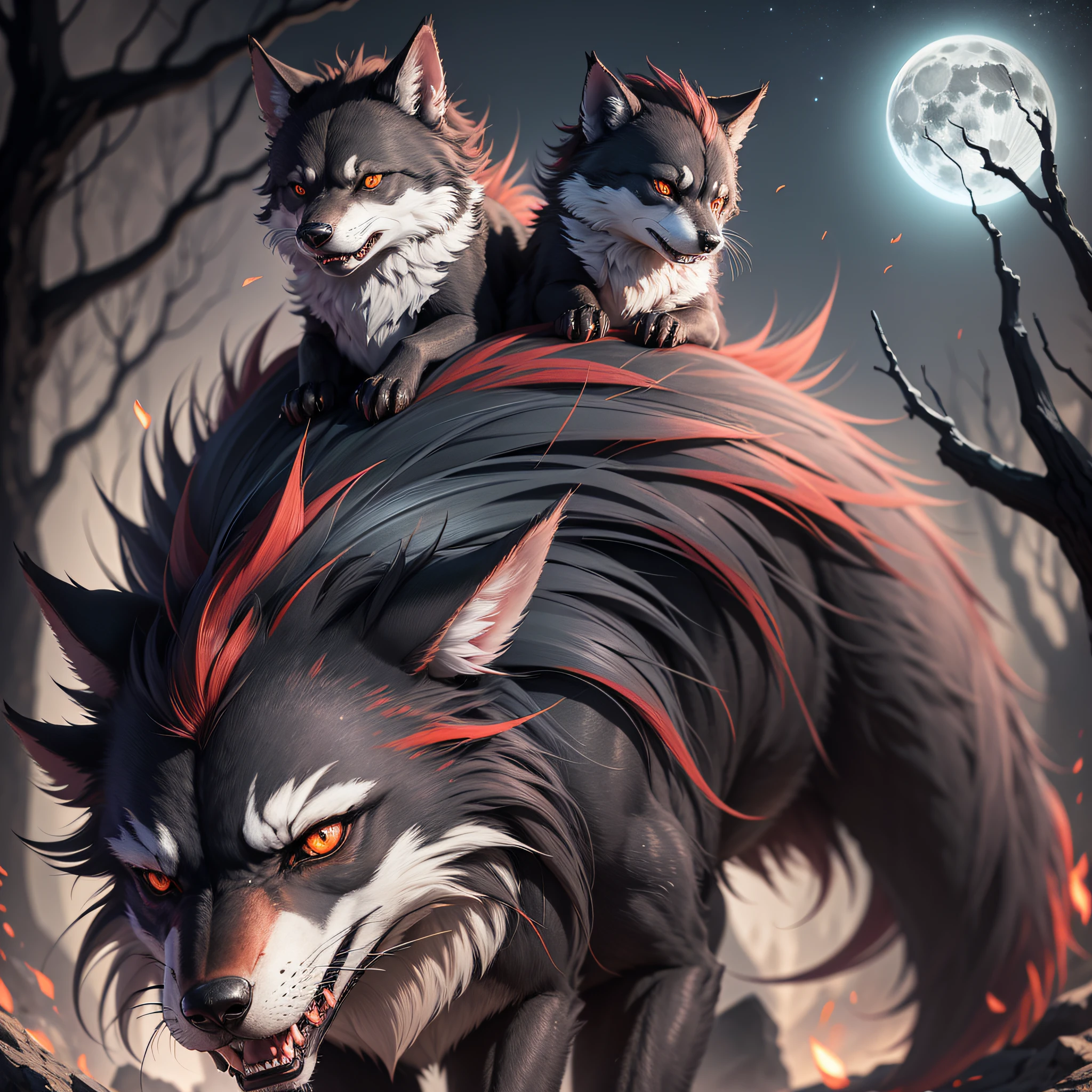 Insanely_detailed little red chilling hood is riding a black and white werewolf on his back. Full moon. ! 16k HDR Perfect composition, award winning details. natural eyes. concept art, deviant art. hyper_detailed fur. 16K HDR Professional photography, bokeh, natural lighting, canon lens, shot on dslr ?? megapixels sharp focus. --auto --s2