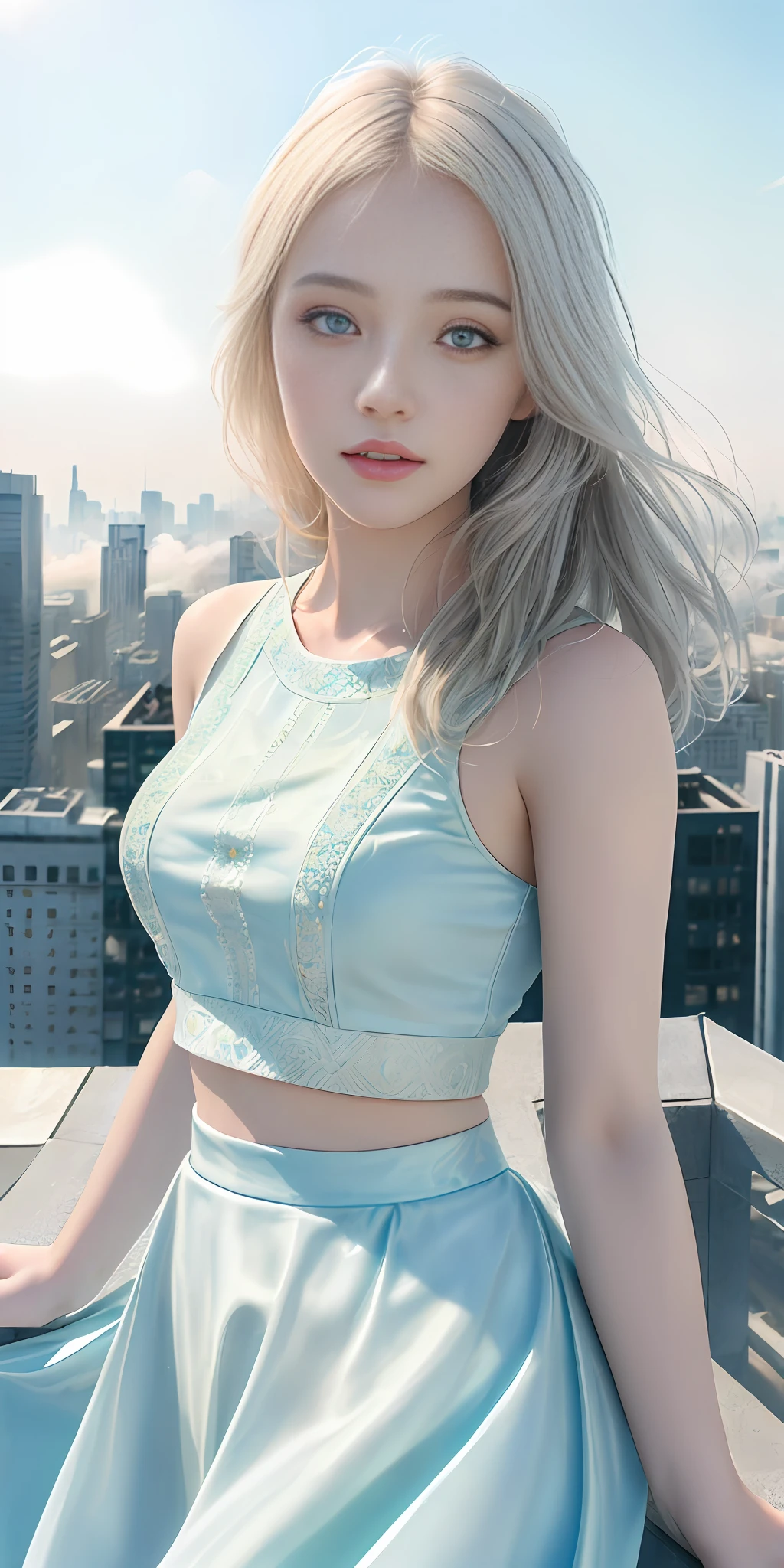 (1 girl:1.3), Solo, (((Highly detailed face)))), ((Highly detailed eyes and face)))), Beautiful detailed eyes, Body parts__, official art, unified 8k wallpaper, ultra detailed, beautiful and beautiful, beautiful, masterpiece, best quality, original, masterpiece, ultra fine photography, best quality, ultra high definition, realistic realism, sunlight, full body portrait, amazing beauty, Dynamic pose, delicate face, vivid eyes, (from the front), tight and viscous pastel color crop top, flowing skirt, highly detailed city roof background, rooftop, overlooking the city, detailed face, detailed complex busy background, messy and gorgeous milky white, highly detailed skin, realistic skin details, visible pores, clear focus, volumetric fog, 8k UHD, DSLR, High Quality, Film Grain, Fair Skin, Photorealism, Lomography, Futuristic Dystopian Megalopolis, Translucent