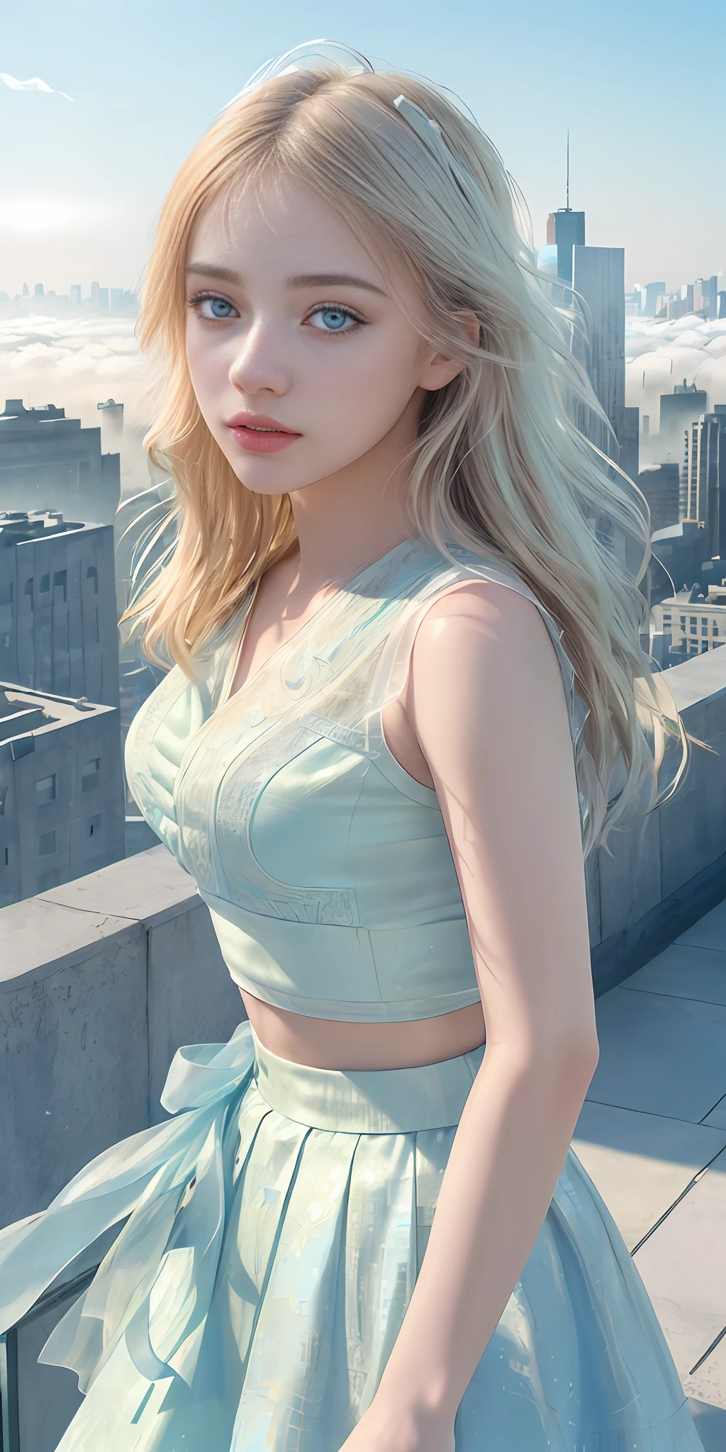 (1 girl:1.3), Solo, (((Highly detailed face)))), ((Highly detailed eyes and face)))), Beautiful detailed eyes, Body parts__, official art, unified 8k wallpaper, ultra detailed, beautiful and beautiful, beautiful, masterpiece, best quality, original, masterpiece, ultra fine photography, best quality, ultra high definition, realistic realism, sunlight, full body portrait, amazing beauty, Dynamic pose, delicate face, vivid eyes, (from the front), tight and viscous pastel color crop top, flowing skirt, highly detailed city roof background, rooftop, overlooking the city, detailed face, detailed complex busy background, messy and gorgeous milky white, highly detailed skin, realistic skin details, visible pores, clear focus, volumetric fog, 8k UHD, DSLR, High Quality, Film Grain, Fair Skin, Photorealism, Lomography, Futuristic Dystopian Megalopolis, Translucent