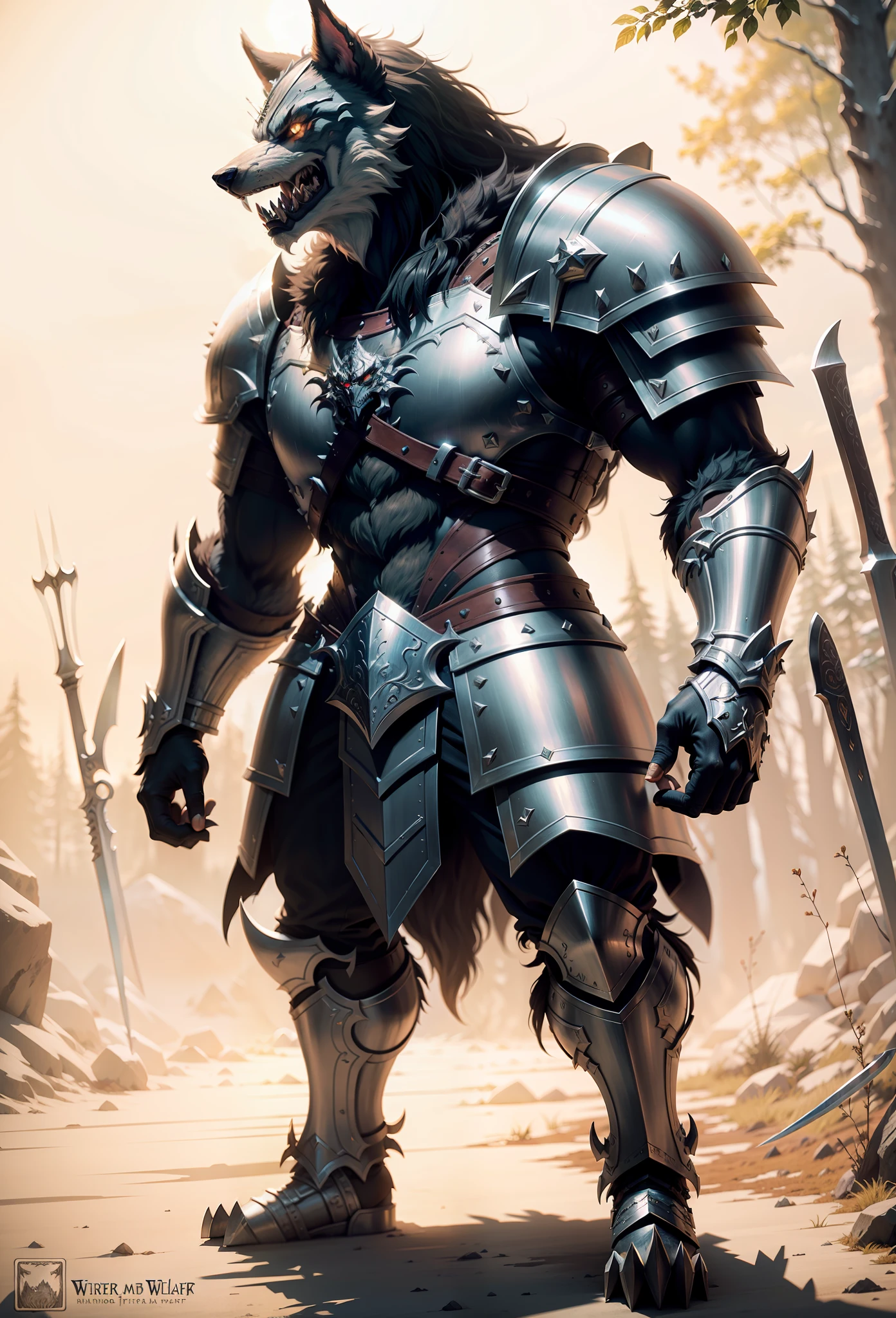 Werewolf in armor, super detailed, World of Warcraft style, hyper-realistic, natural light, armor, wild, dark style, holding a big knife