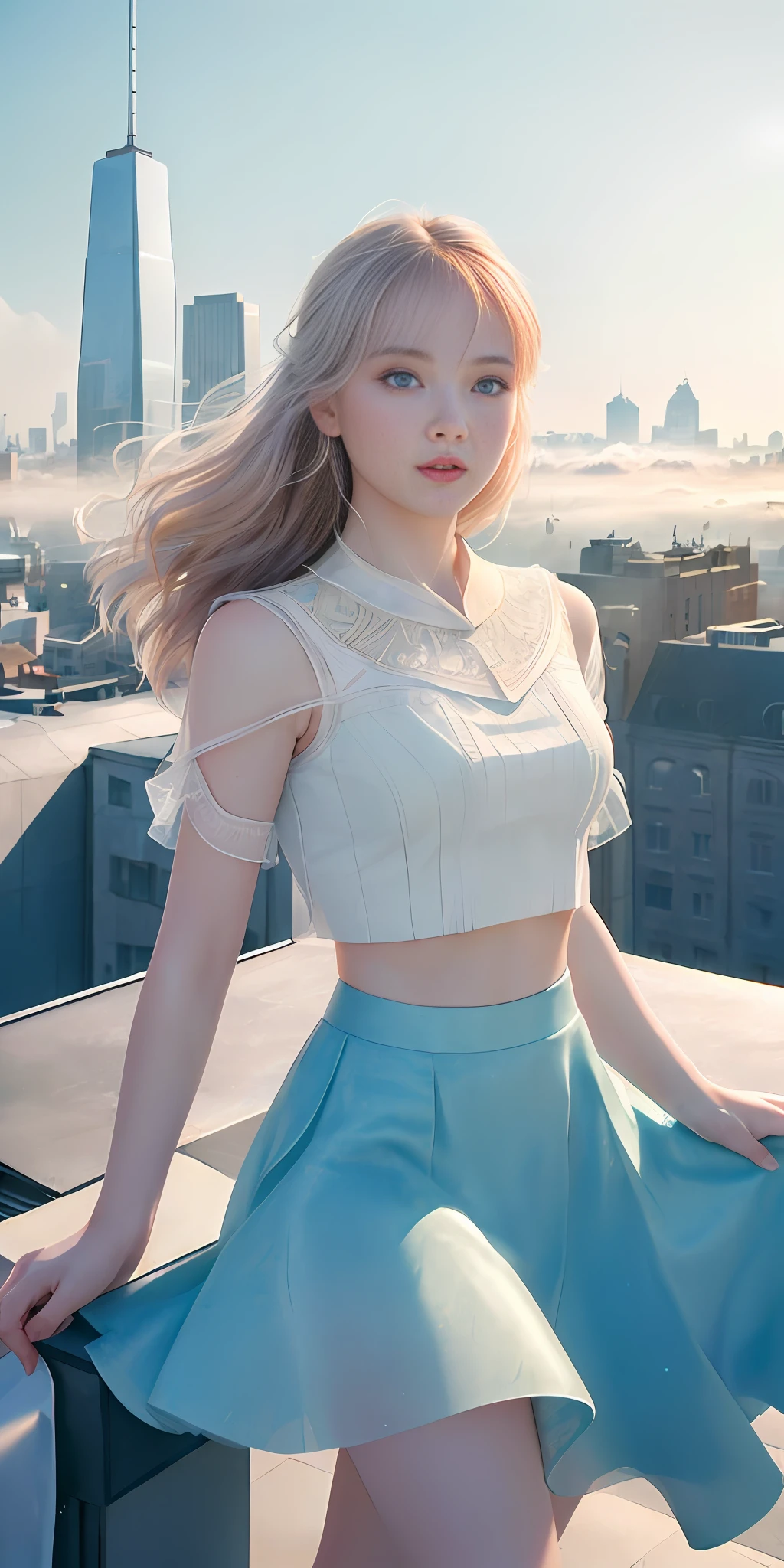 (1 girl:1.3), Solo, (((Highly detailed face)))), ((Highly detailed eyes and face)))), Beautiful detailed eyes, Body parts__, official art, unified 8k wallpaper, ultra detailed, beautiful and beautiful, beautiful, masterpiece, best quality, original, masterpiece, ultra fine photography, best quality, ultra high definition, realistic realism, sunlight, full body portrait, amazing beauty, Dynamic pose, delicate face, vivid eyes, (from the front), tight and viscous pastel color crop top, flowing skirt, highly detailed city roof background, rooftop, overlooking the city, detailed face, detailed complex busy background, messy and gorgeous milky white, highly detailed skin, realistic skin details, visible pores, clear focus, volumetric fog, 8k UHD, DSLR, High Quality, Film Grain, Fair Skin, Photorealism, Lomography, Futuristic Dystopian Megalopolis, Translucent