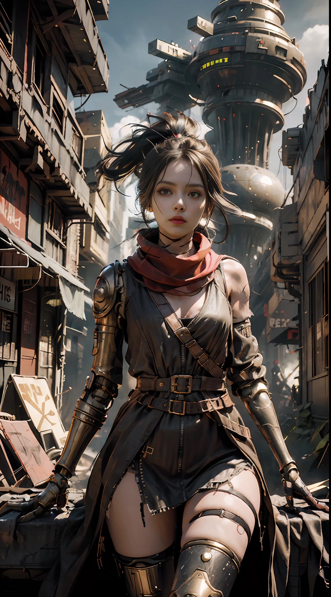 A girl, wearing a black mechanical cat face mask, eyes flashing yellow, dressed sexy, with two futuristic techno-punk pistols around her waist, mechanical prosthetic legs in her right hand, a red scarf swaying in the wind, the background is night, the dark side of the apocalyptic city, the dilapidated cyberpunk city, deserted, the girl is sitting on this large neon billboard, realistic, best picture quality, highest definition and clarity, Raw,