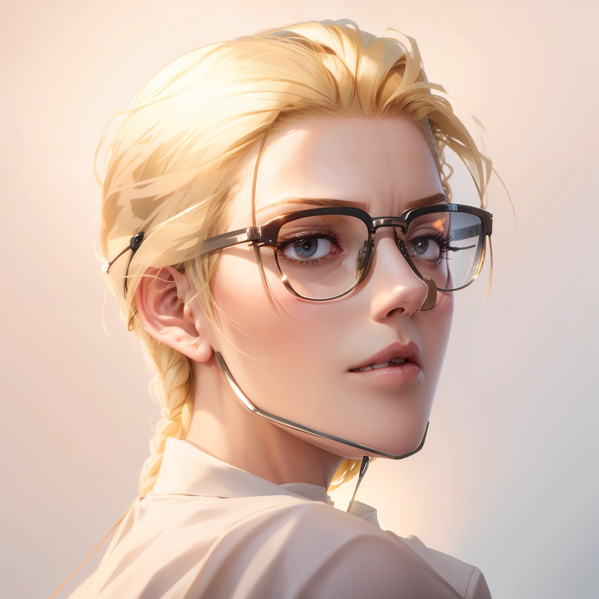 hair over shoulder, blonde hair, rimless eyewear, jitome, close-up, from side, UHD