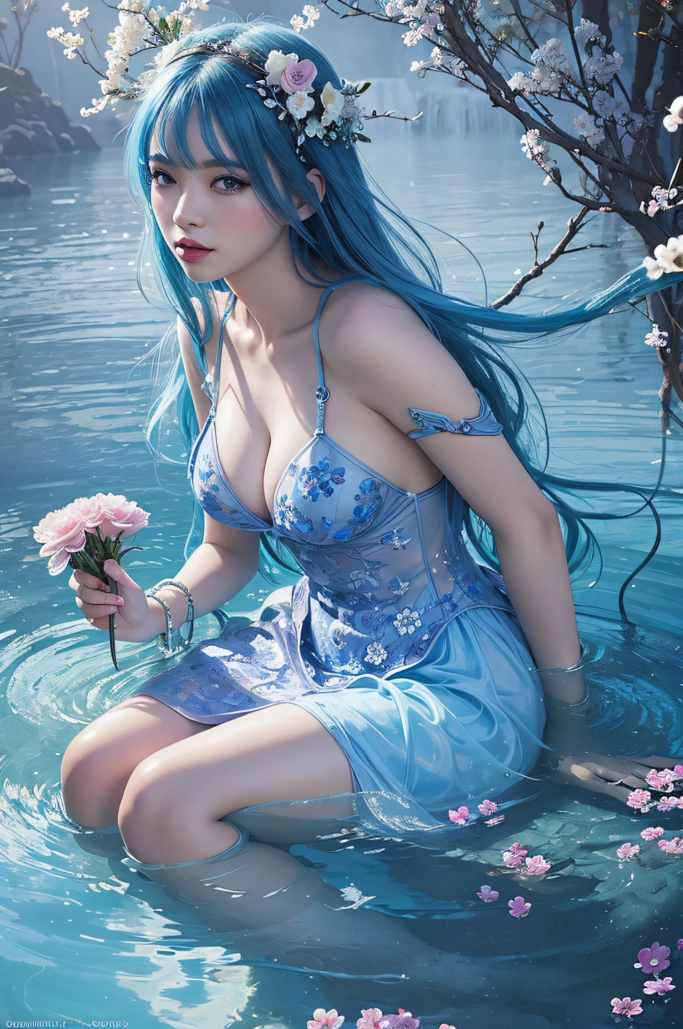 beauty with blue hair and flowers floating in water, beautiful beauty, beautiful digital illustration, beautiful artwork illustration, beautiful digital artwork, beautiful gorgeous digital art, beautiful digital art, asian female water element, gorgeous digital art, very beautiful digital art, close up fantasy with water magic, beautiful fantasy art, beautiful digital painting, beautiful digital illustration, gorgeous digital painting