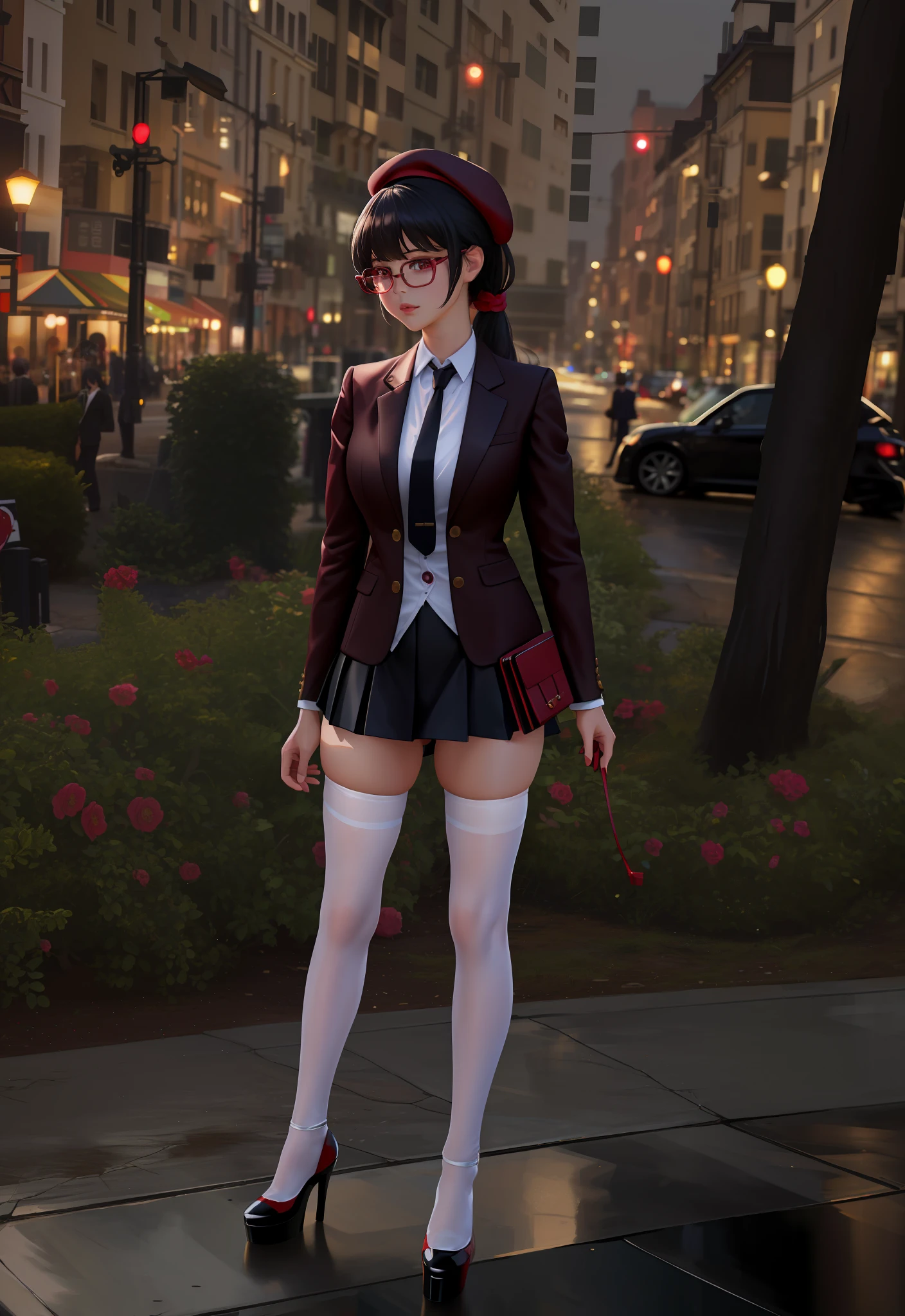 wine red heels, white tights to the thighs, black mini skirt, formal jacket with tie, short black hair with ponytail, a beret on the head, large breasts, large butt,best quality, masterpiece, 1girl, Beautiful face, (photo realistic:1.3), rim lighting, (high detailed skin:1.2), 8k uhd, dslr, high quality, high resolution, 4k, 8k, Bokeh, absurdres, best ratio four finger and one thumb, (realistic:1.3), cute 1girl, wearing black formal blazer, short skirt,con lentes,ulzzang-6500-v1.1, (raw photo:1.2), (photorealistic:1.4), beautiful detailed girl, very detailed eyes and face, beautiful detailed eyes, ridiculous, incredibly ridiculous, huge file size, super detailed, high resolution, very detailed, best quality, masterpiece, kemomimi, (, illustration, very detailed, CG, unified, 8k wallpaper, amazing, Fine details, masterpiece, best quality, very detailed CG8k wallpaper, light on face, cinematic lighting, 1girl, 1 ((no panties)), ((dynamic pose))), (camel toe), (half), (pantyhose), (knee-bending leg sitting)),high heels whit platform