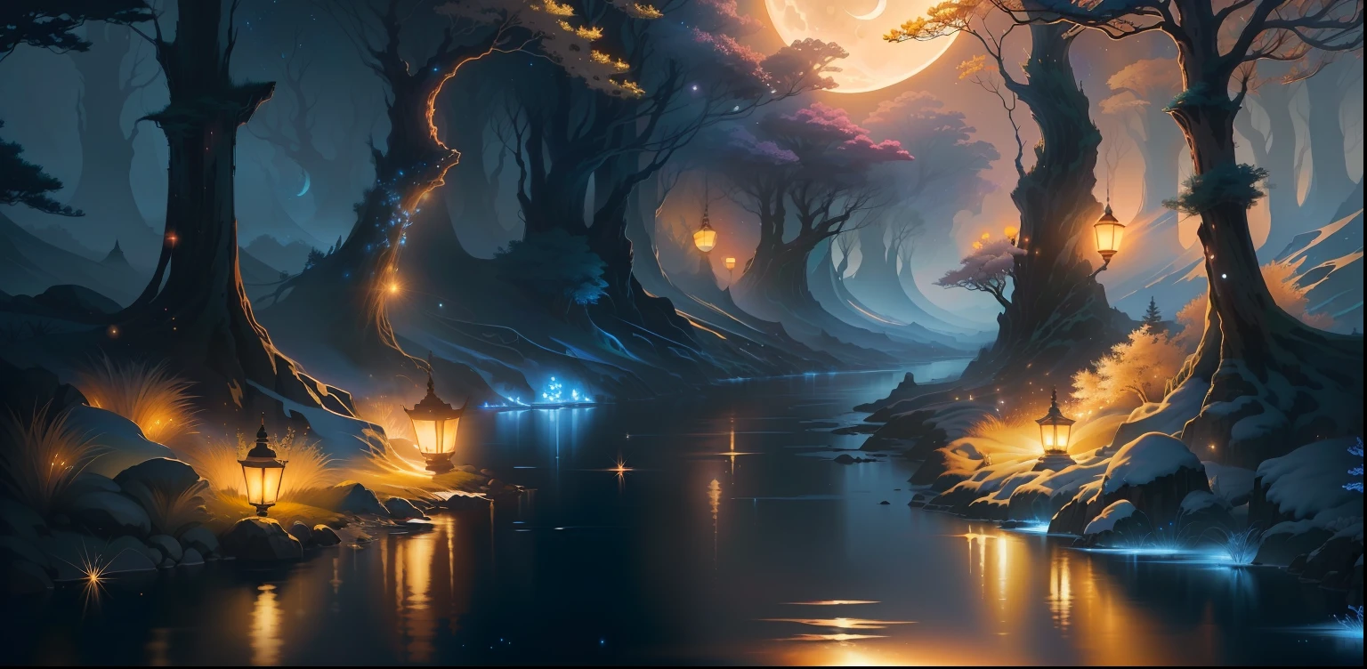 A painting of a river with stars and moon in the sky, concept art inspired by Tosa Mitsuoki, pixiv contest winner, best quality, fantasy art, beautiful anime scene, a bright moon, moonlit starry environment, dream painting, Anime Background Art, Fantasy Landscape Art, Fantasy Night, Anime Background, Background Artwork, Fantastic Art, Atmospheric Anime, Starry Sky, Detail Enhanced.